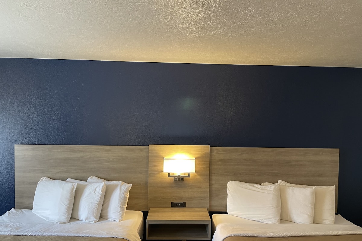 A hotel room with two beds, each with white bedding and pillows. There is a nightstand with a lamp between the beds. The walls are dark blue, and the headboards are wooden.