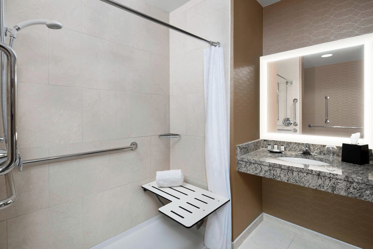 combined shower/bathtub, eco-friendly toiletries, hair dryer, towels
