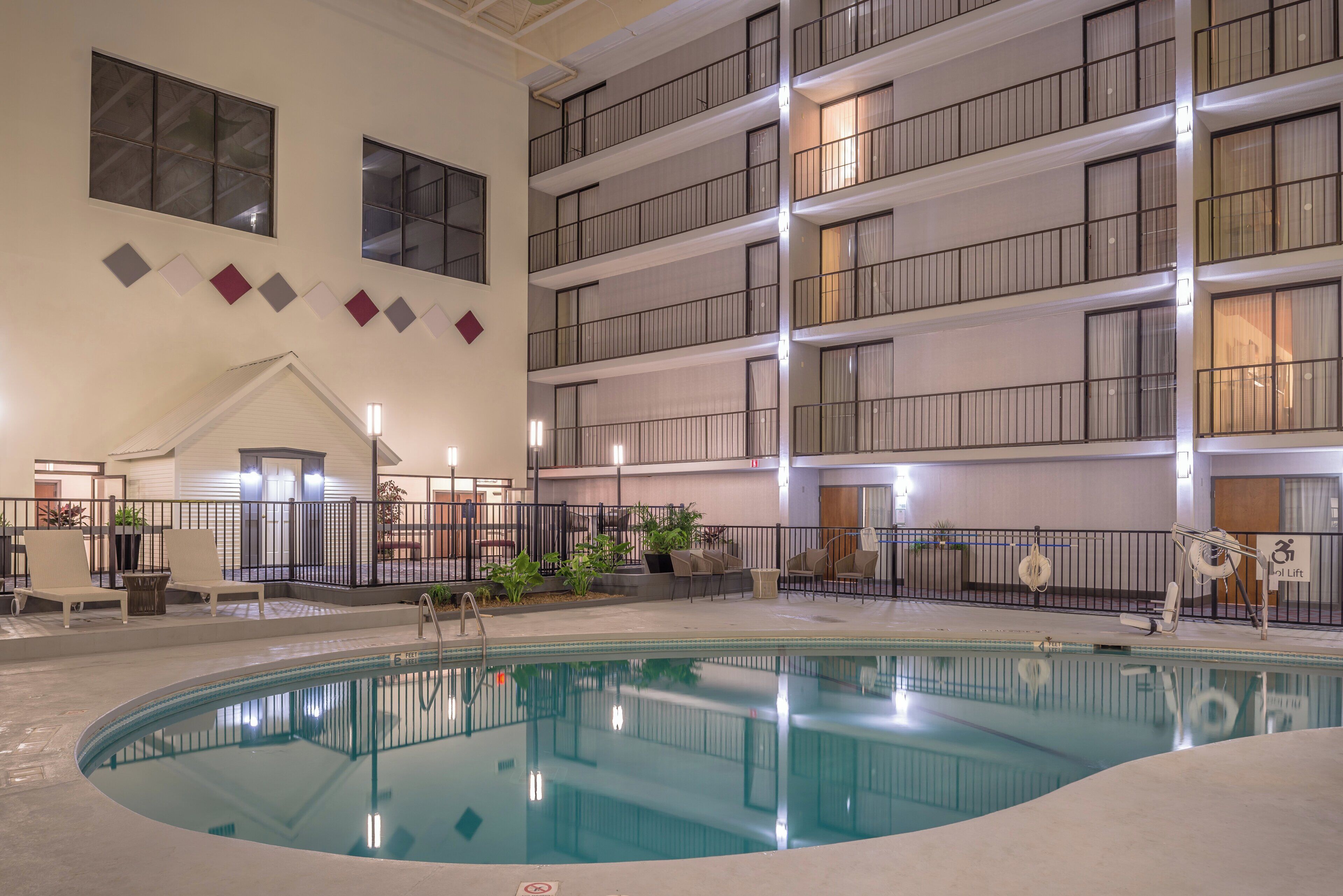 Indoor pool, open 10:00 AM to 8:00 PM, sun loungers