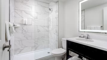 A modern bathroom with a shower, toilet, and vanity.