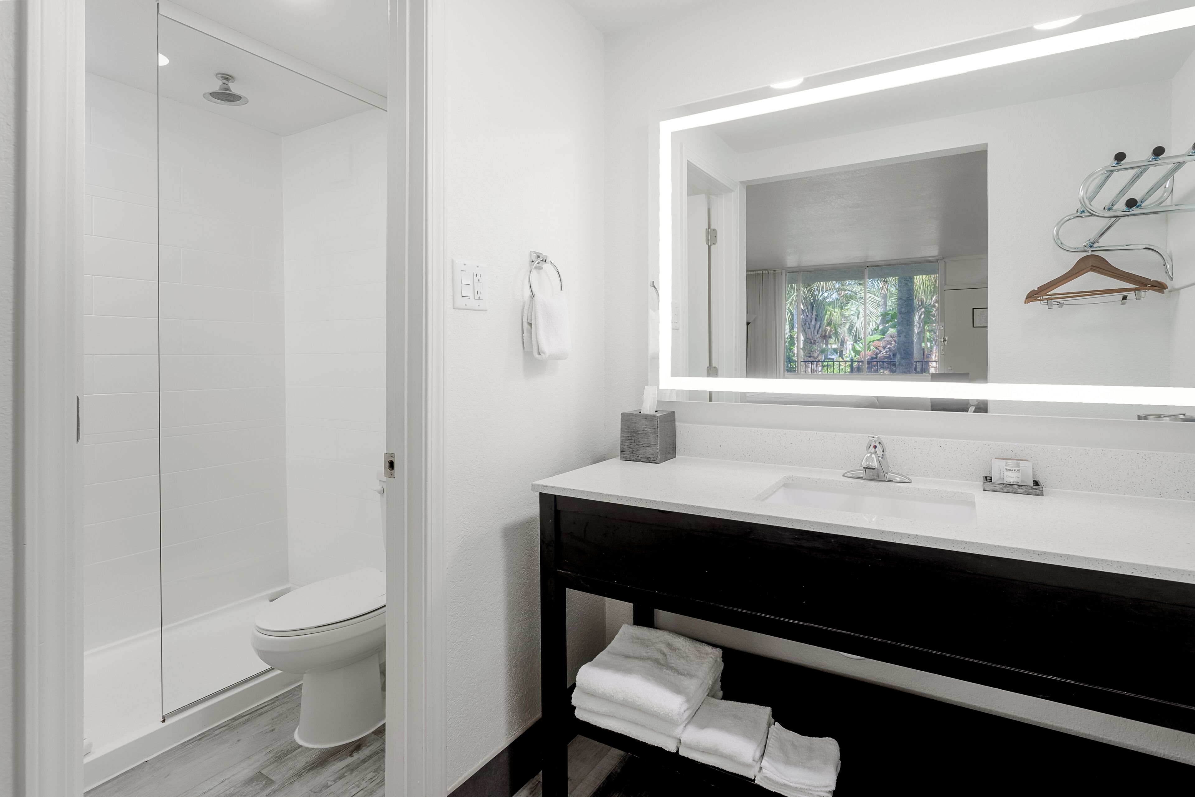 A modern bathroom with a glass shower enclosure, a white toilet, a vanity with a mirror, and a towel rack.