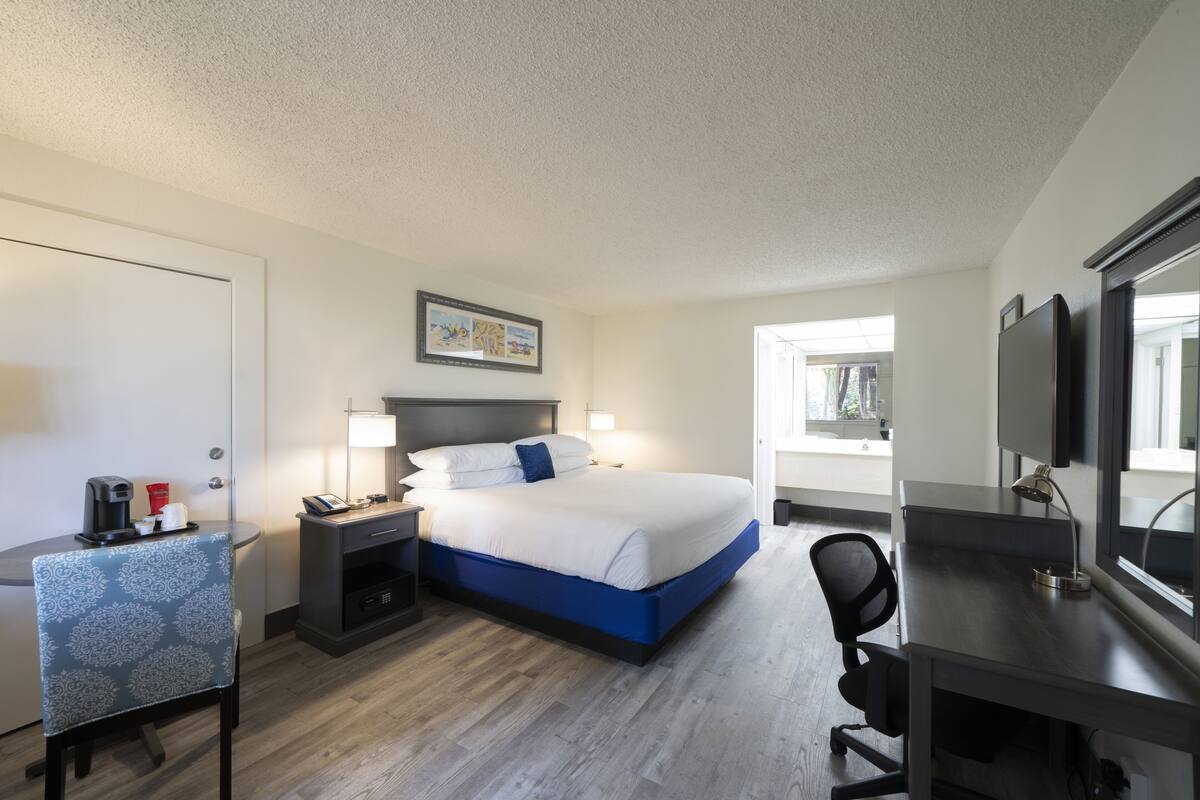 A hotel room with a bed, desk, chair, and a TV.