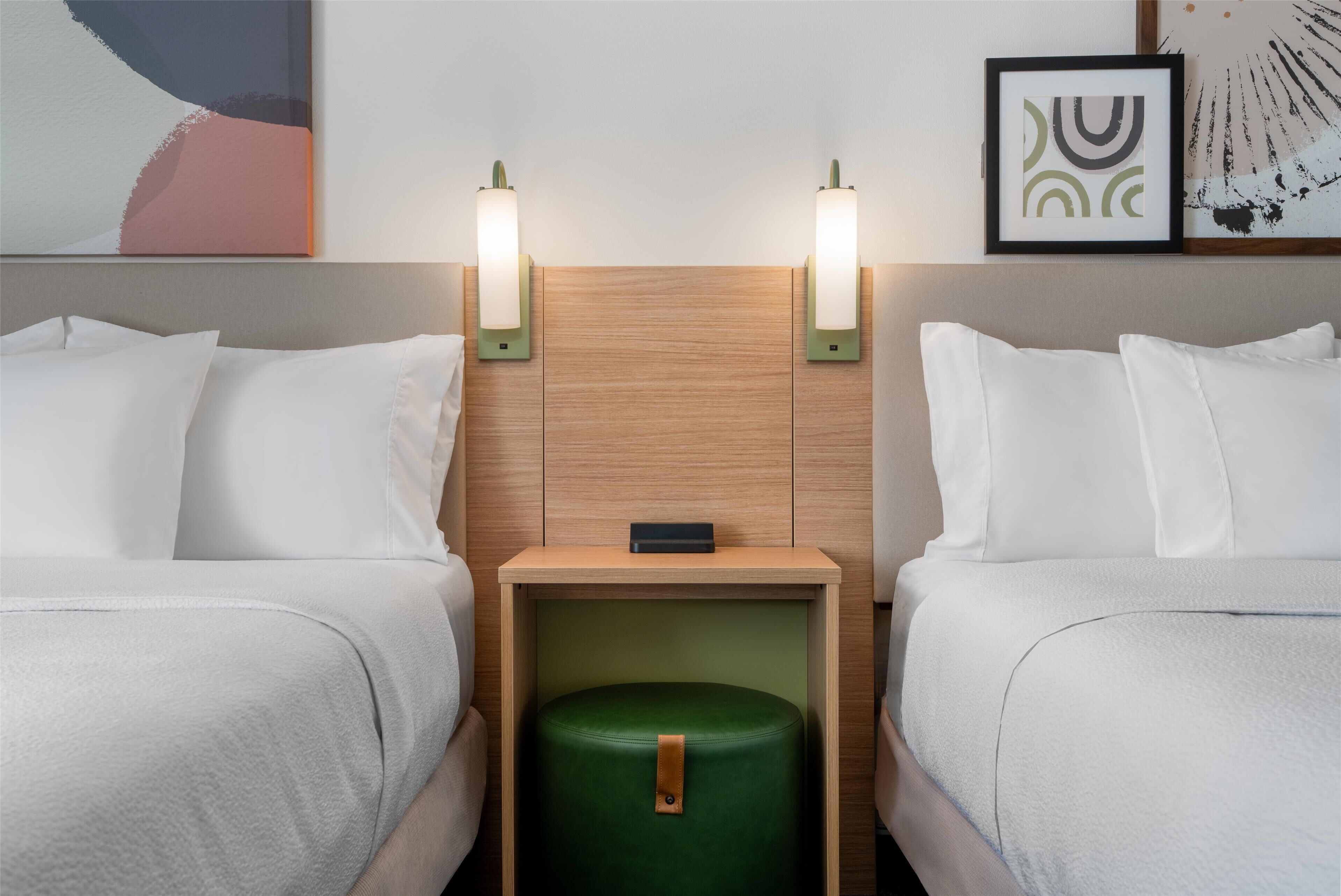 Desk, laptop workspace, blackout drapes, iron/ironing board