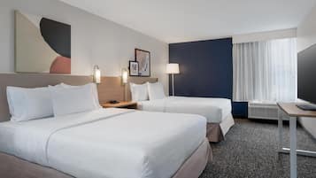 Desk, laptop workspace, blackout drapes, iron/ironing board