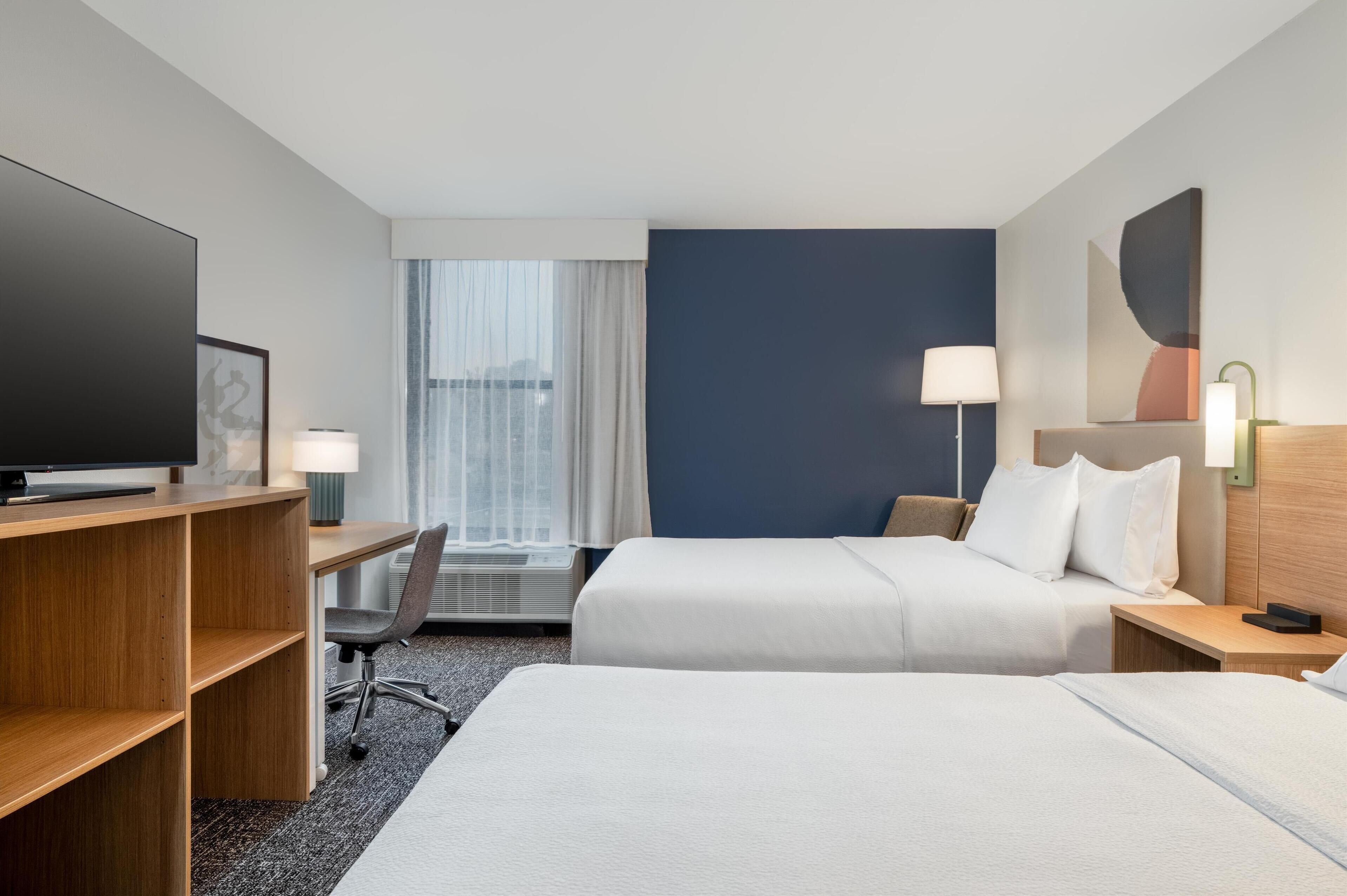 Room, 2 Queen Beds | Desk, laptop workspace, blackout drapes, iron/ironing board