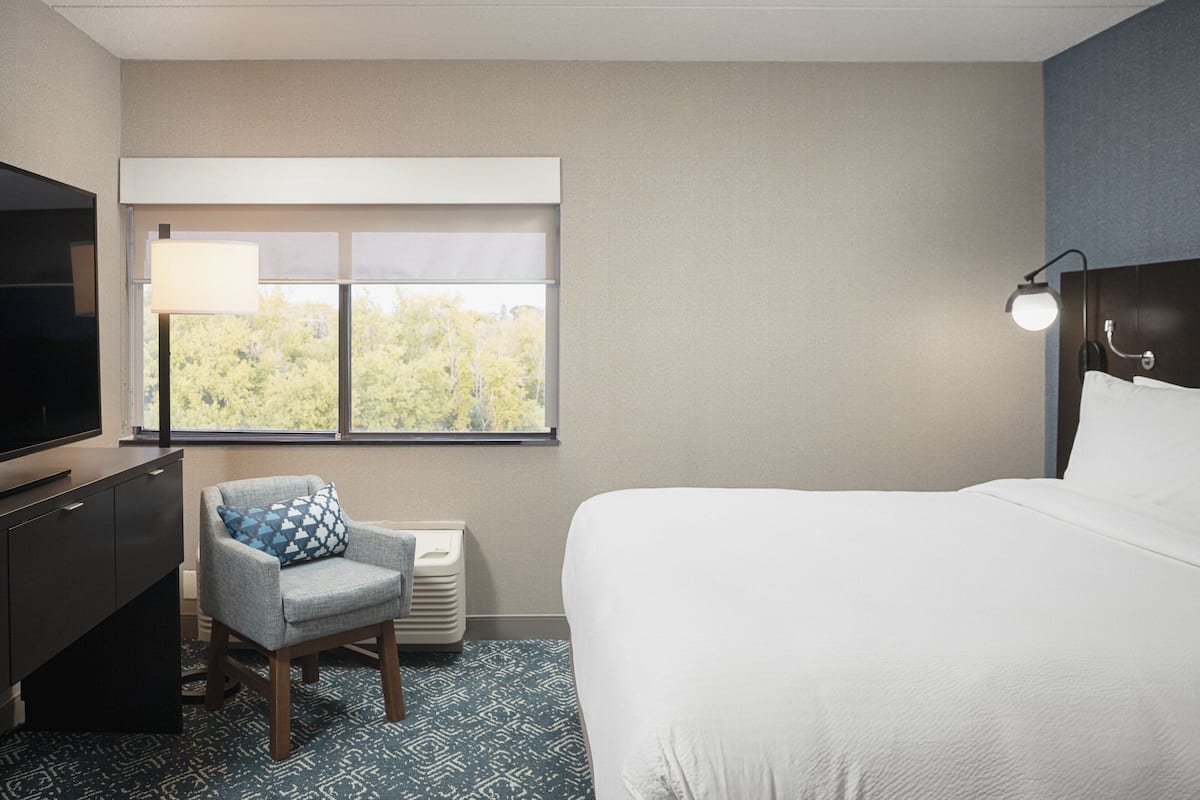 Een hotelkamer met een bed, een bureau met een televisie, een stoel en een raam met uitzicht op bomen.