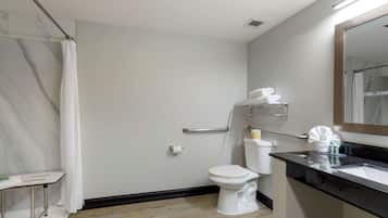 A bathroom with a toilet, a sink, a mirror, and a shower curtain.