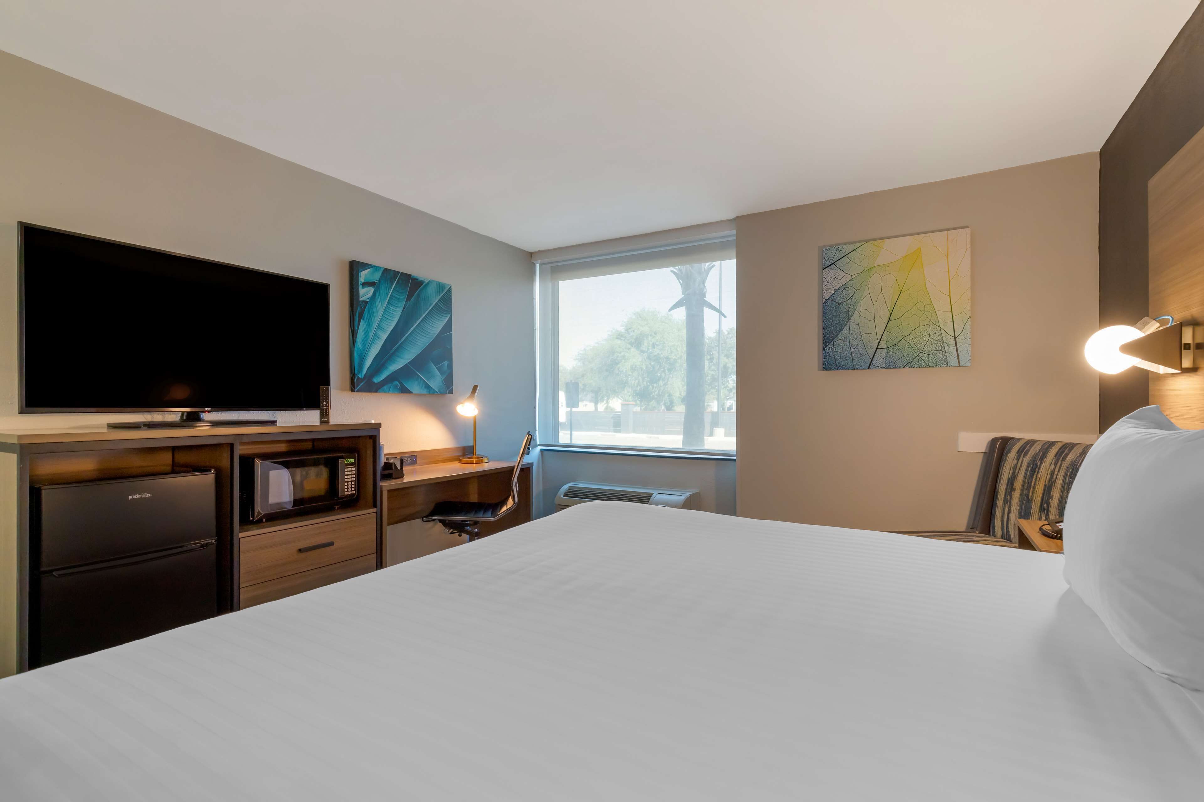 A hotel room with a bed, a flat-screen TV, a microwave, a desk with a chair, and artwork on the walls.