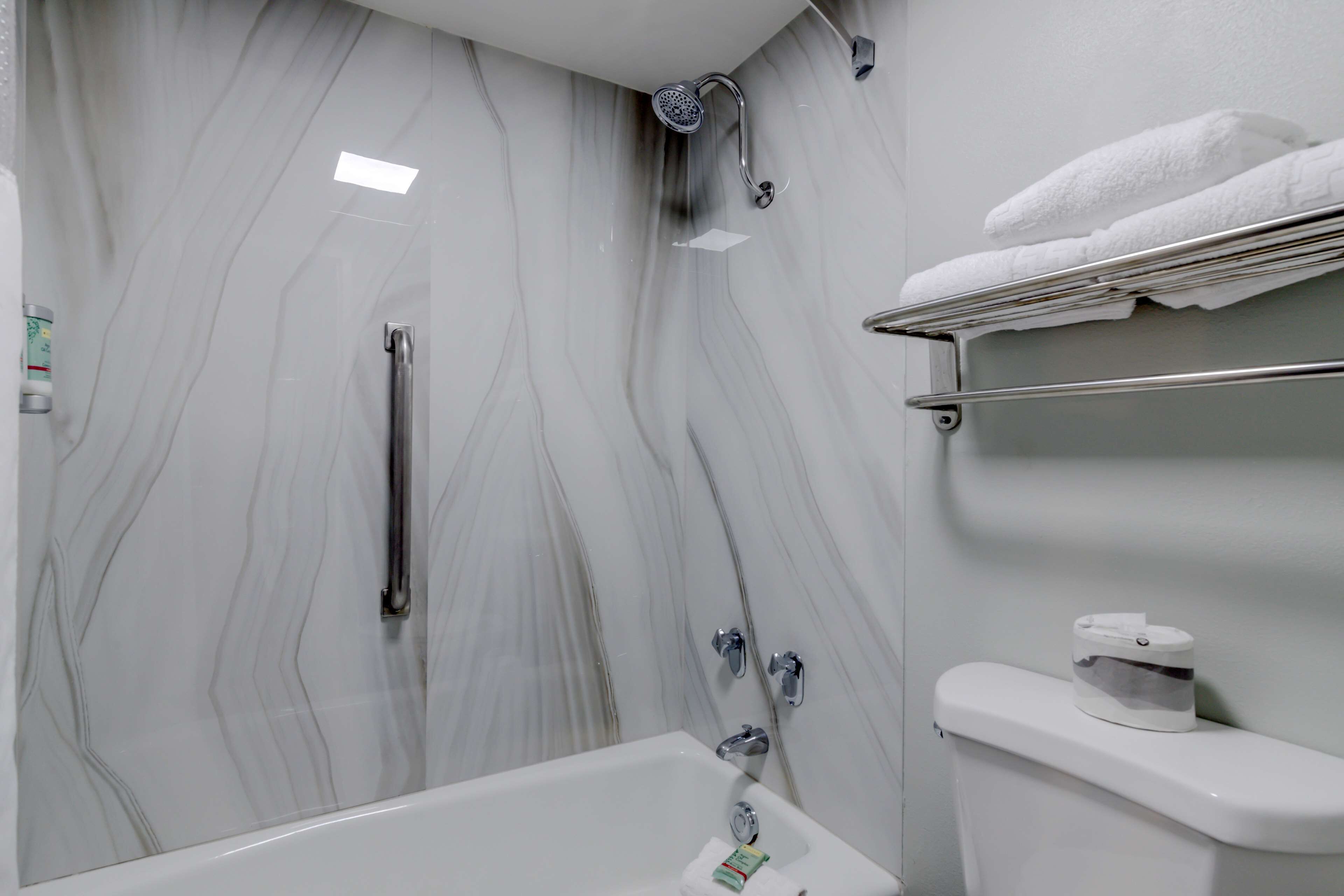 Een badkamer met een douche, toilet, wastafel en handdoekhouder.