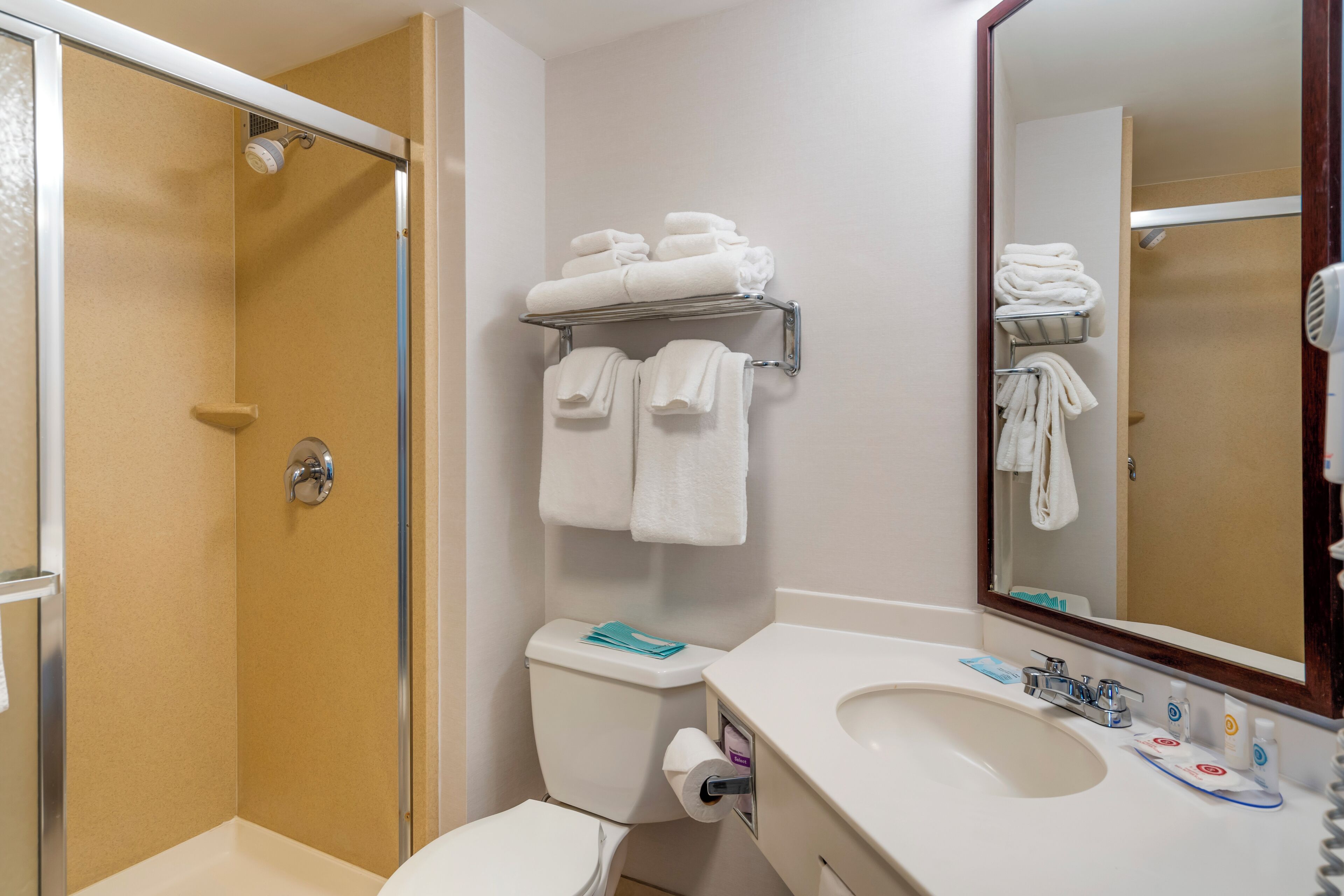 Baño con ducha, inodoro, lavamanos y toallero.
