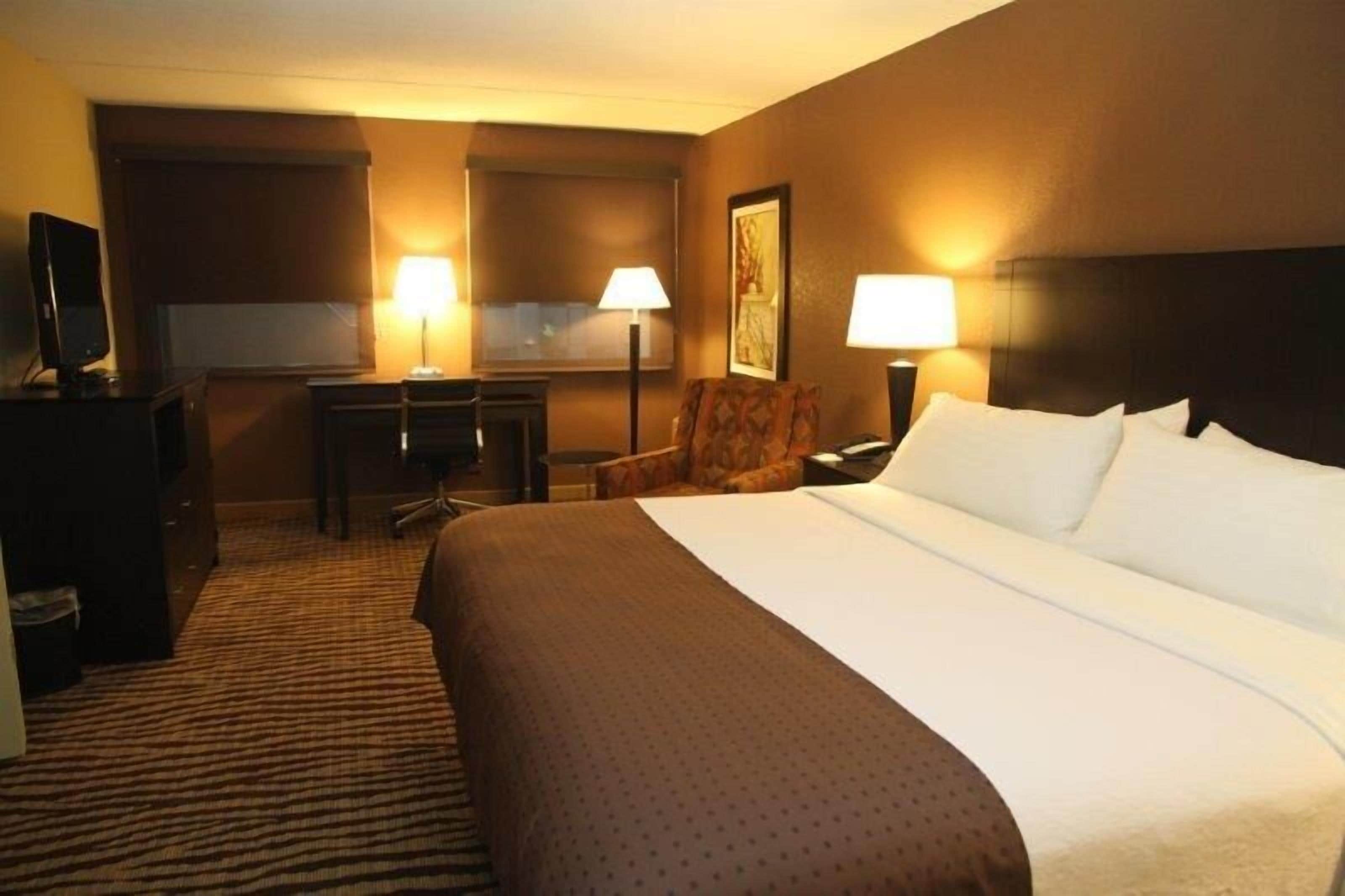 A hotel room with a large bed, two bedside lamps, a desk with a chair, a television, and a carpeted floor.