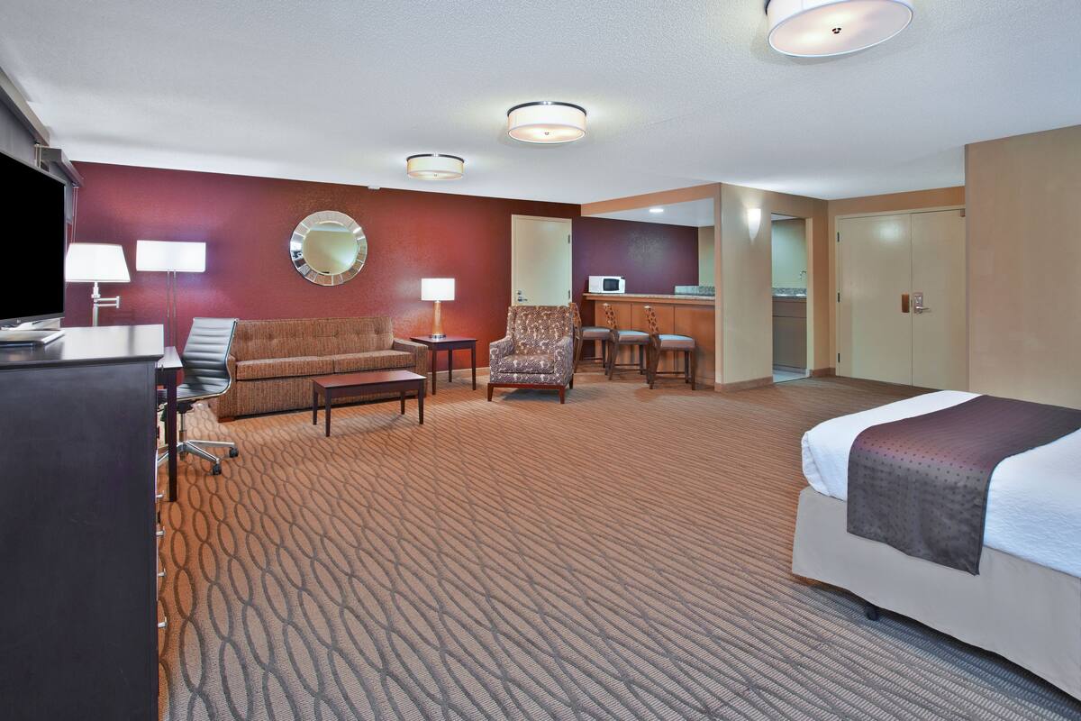 A hotel room with a bed, a sofa, a chair, a desk, a lamp, a mirror, and a microwave.