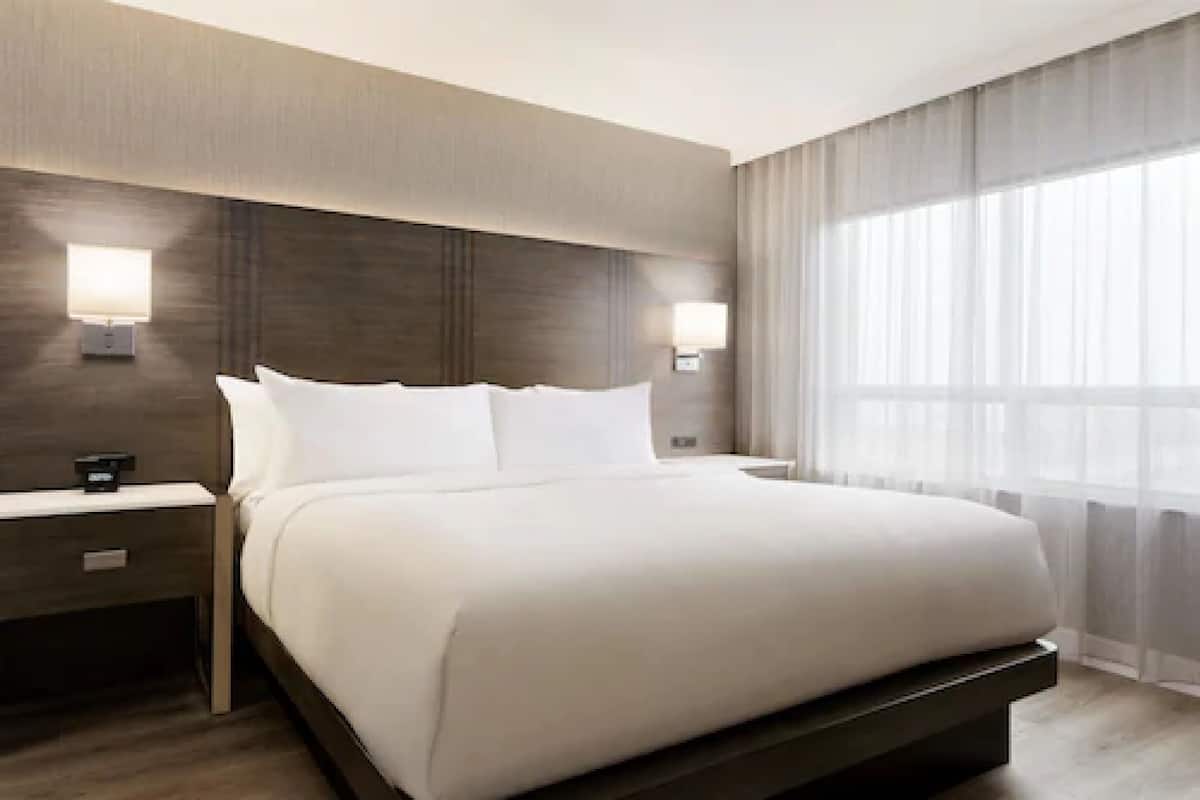 A hotel room with a large bed, two bedside tables with lamps, and a large window with sheer curtains.