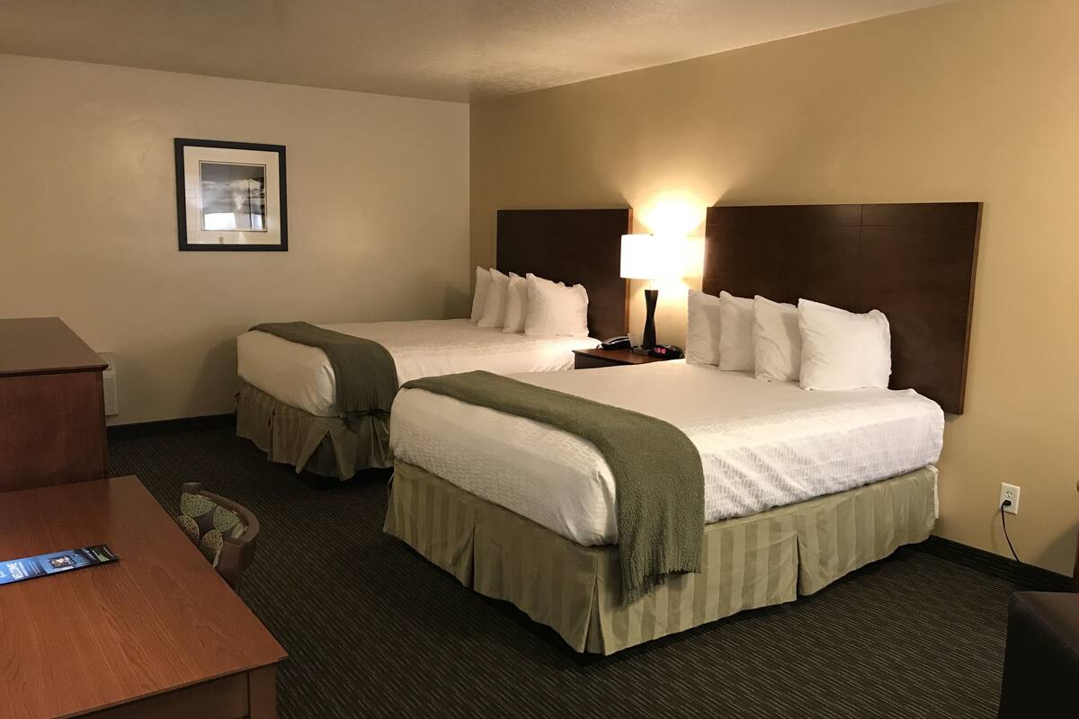 A hotel room with two beds, a desk, a chair, a lamp, and a framed picture on the wall.