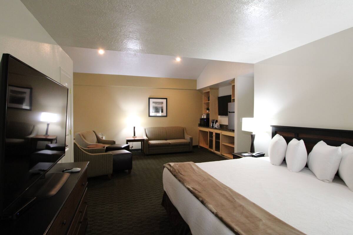 A hotel room with a bed, a desk, a chair, a sofa, a TV, and a coffee machine.
