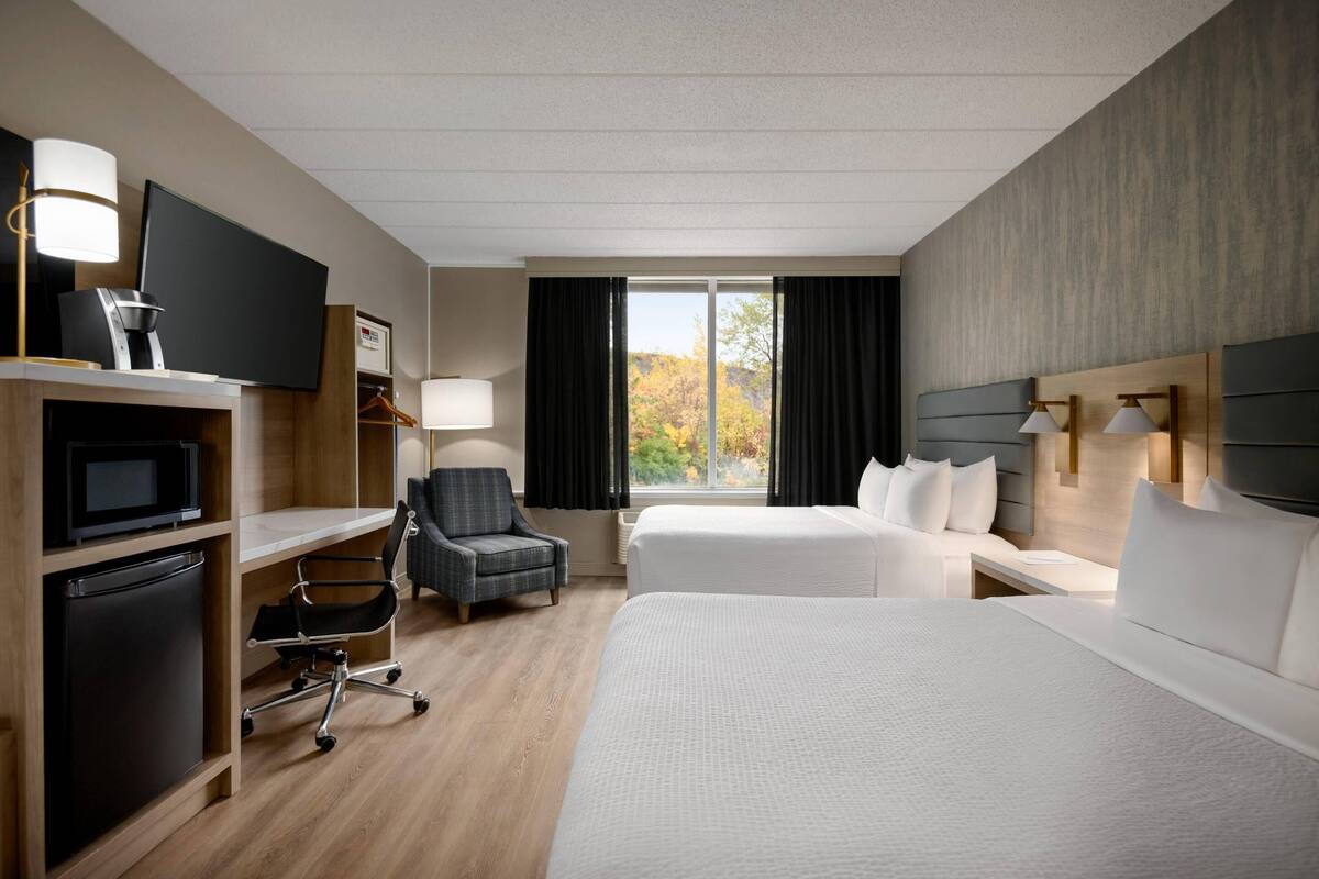 Habitación de hotel con cama, escritorio, silla, televisor y vista a árboles otoñales.