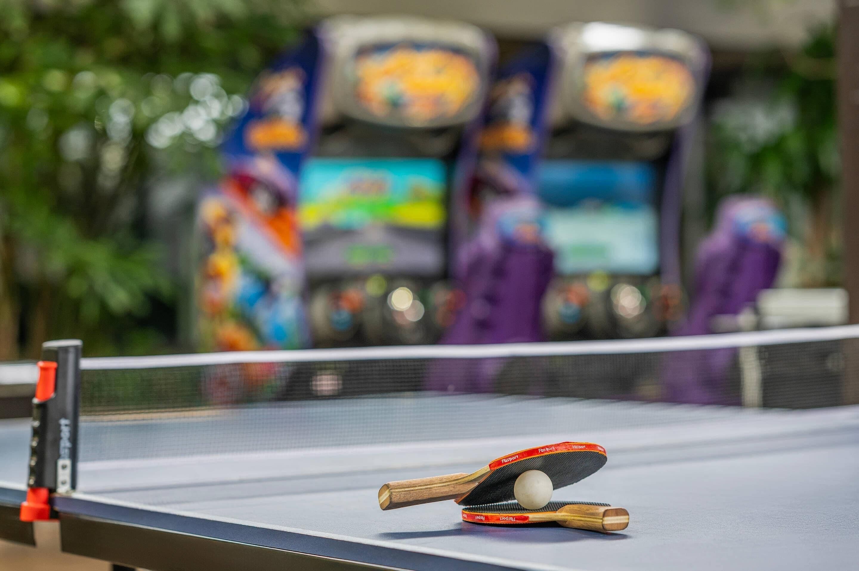 Et bordtennisbord med net, bold og bat.