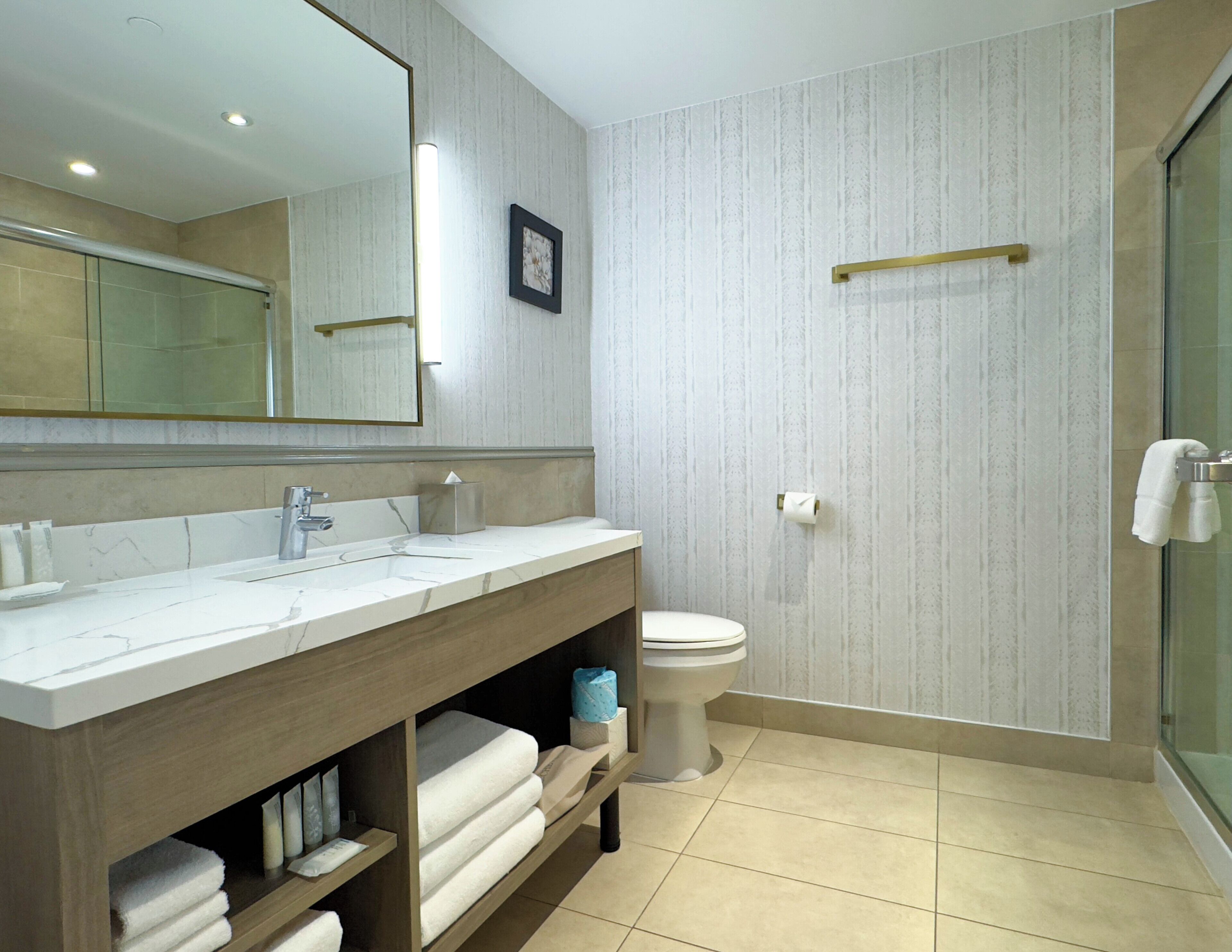 A modern bathroom with a marble vanity, a toilet, and a glass shower enclosure.