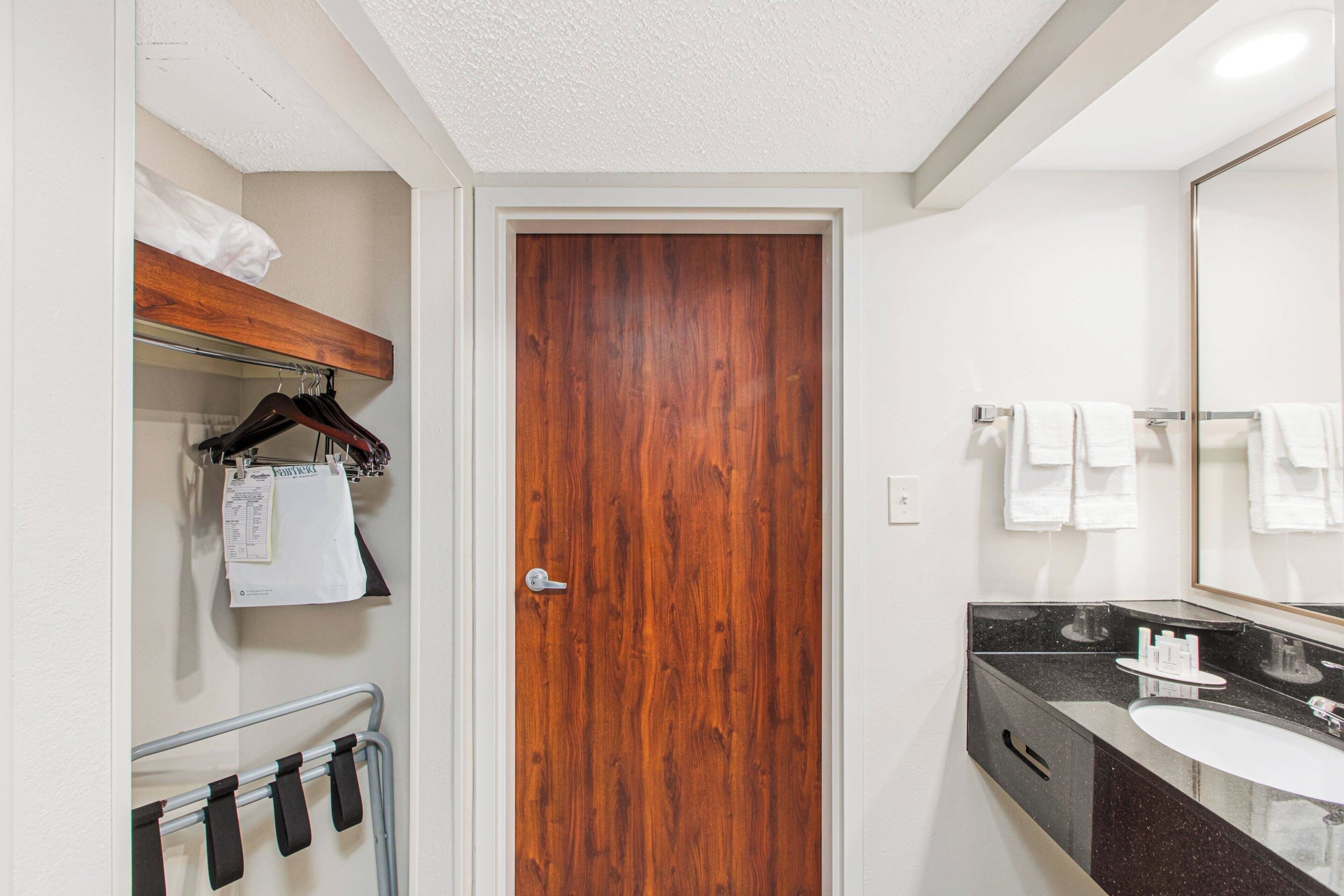 combined shower/bathtub, free toiletries, hair dryer, towels