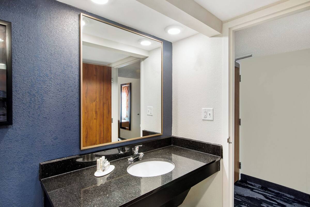 A modern bathroom with a black granite countertop, a white sink, and a large mirror.
