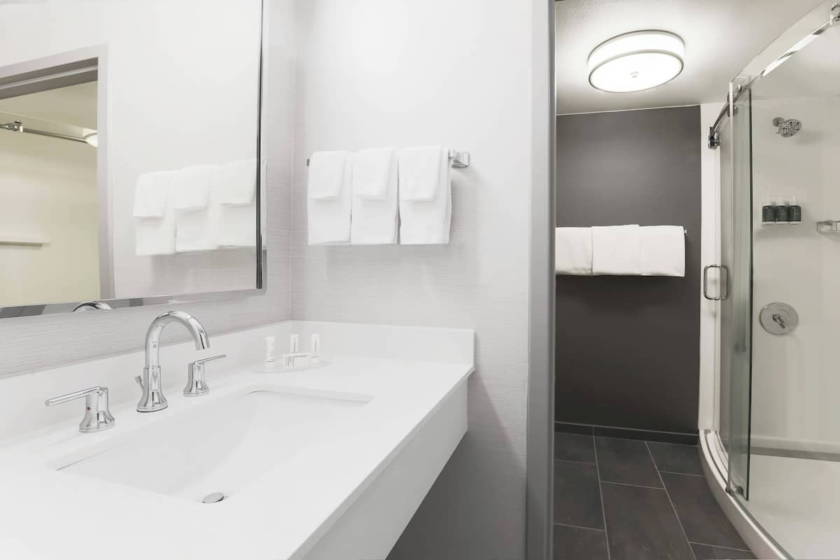combined shower/bathtub, eco-friendly toiletries, hair dryer, towels