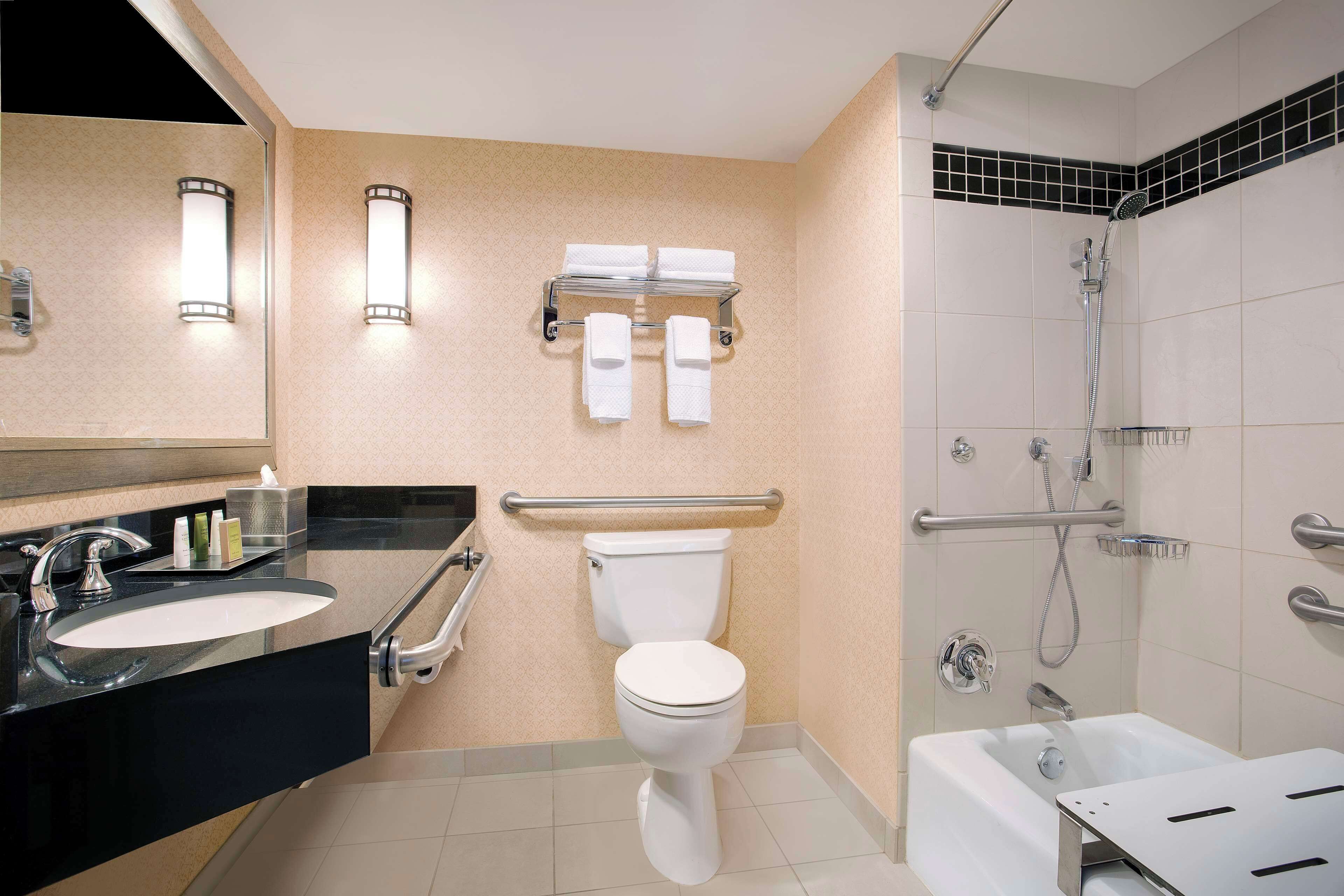 combined shower/bathtub, free toiletries, hair dryer, towels