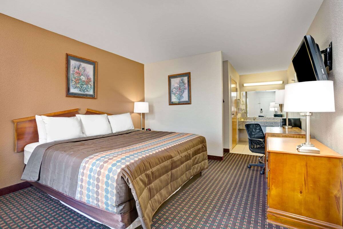 A hotel room with a large bed, a desk with a lamp, a chair, and a television mounted on the wall.