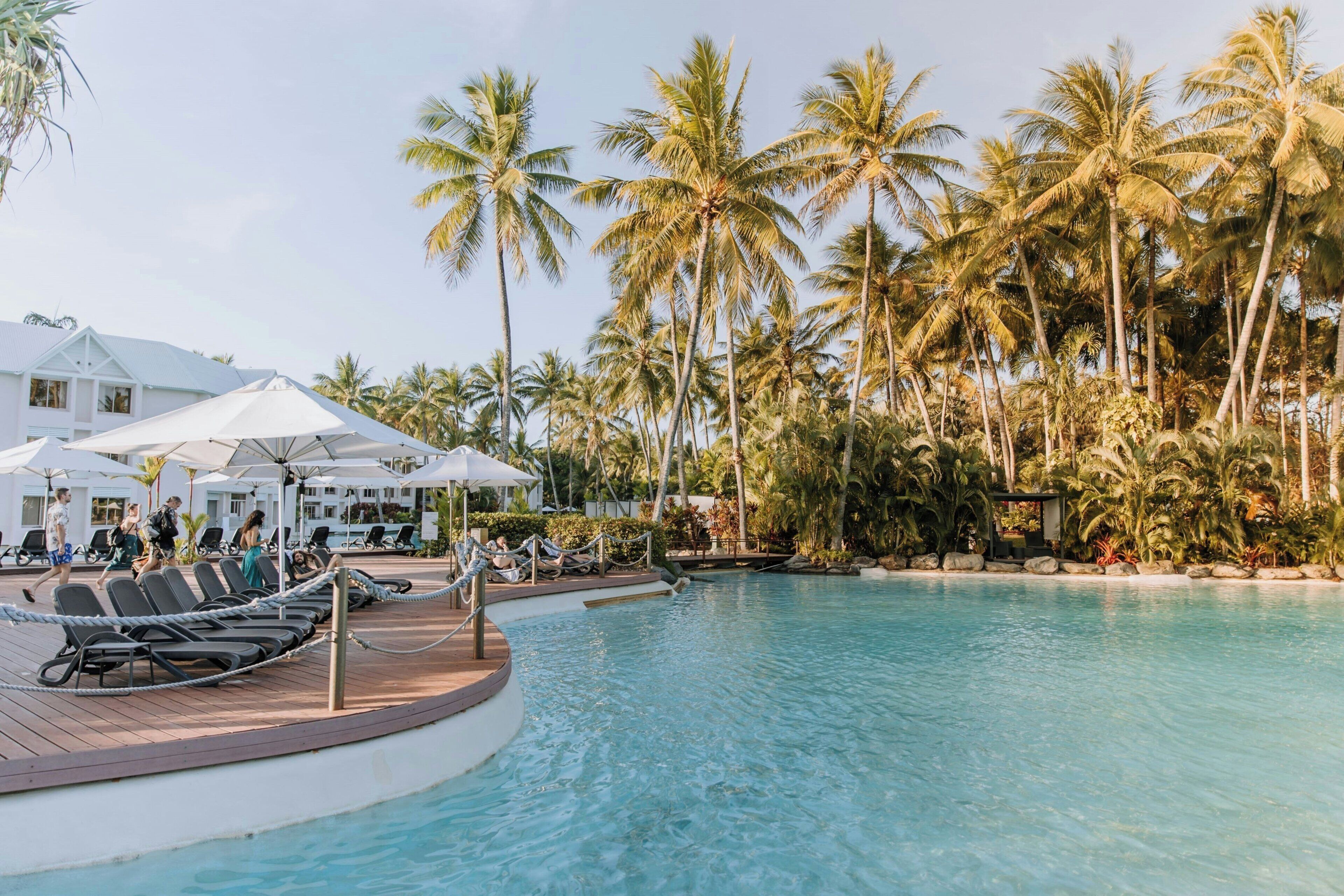 A pool area with lounge chairs and umbrellas, surrounded by palm trees.