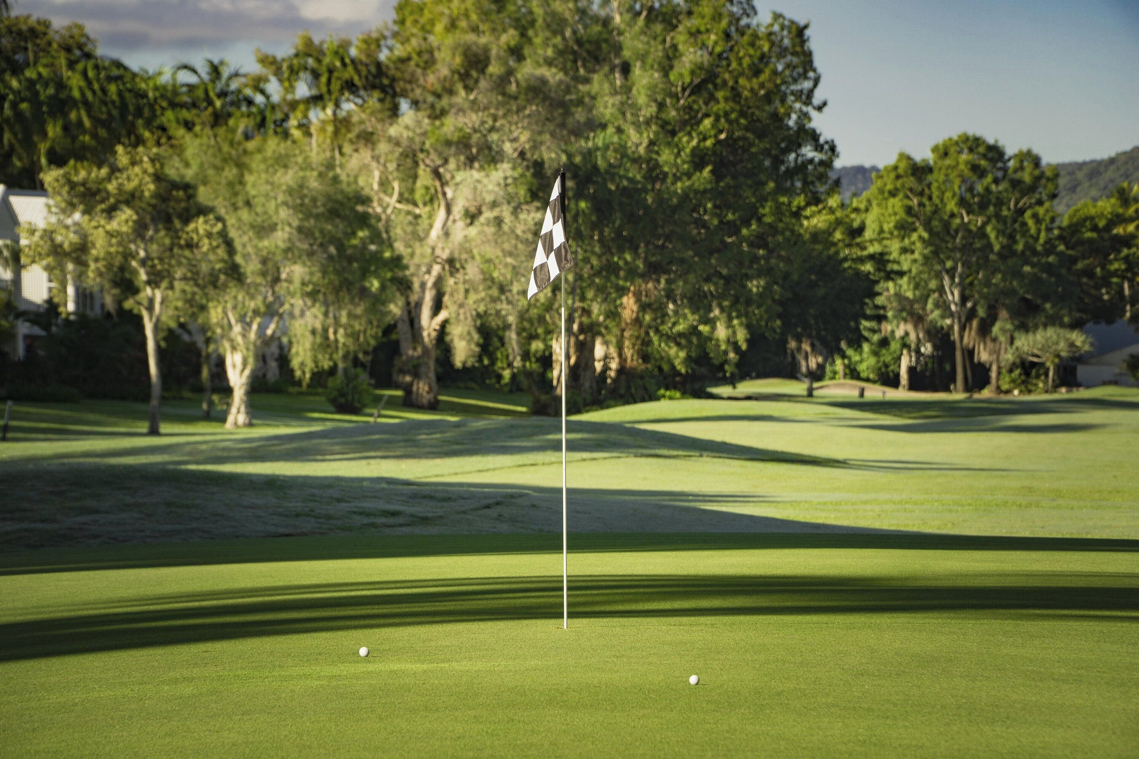 A golf course with a flagstick, well-maintained grass, and trees in the background.