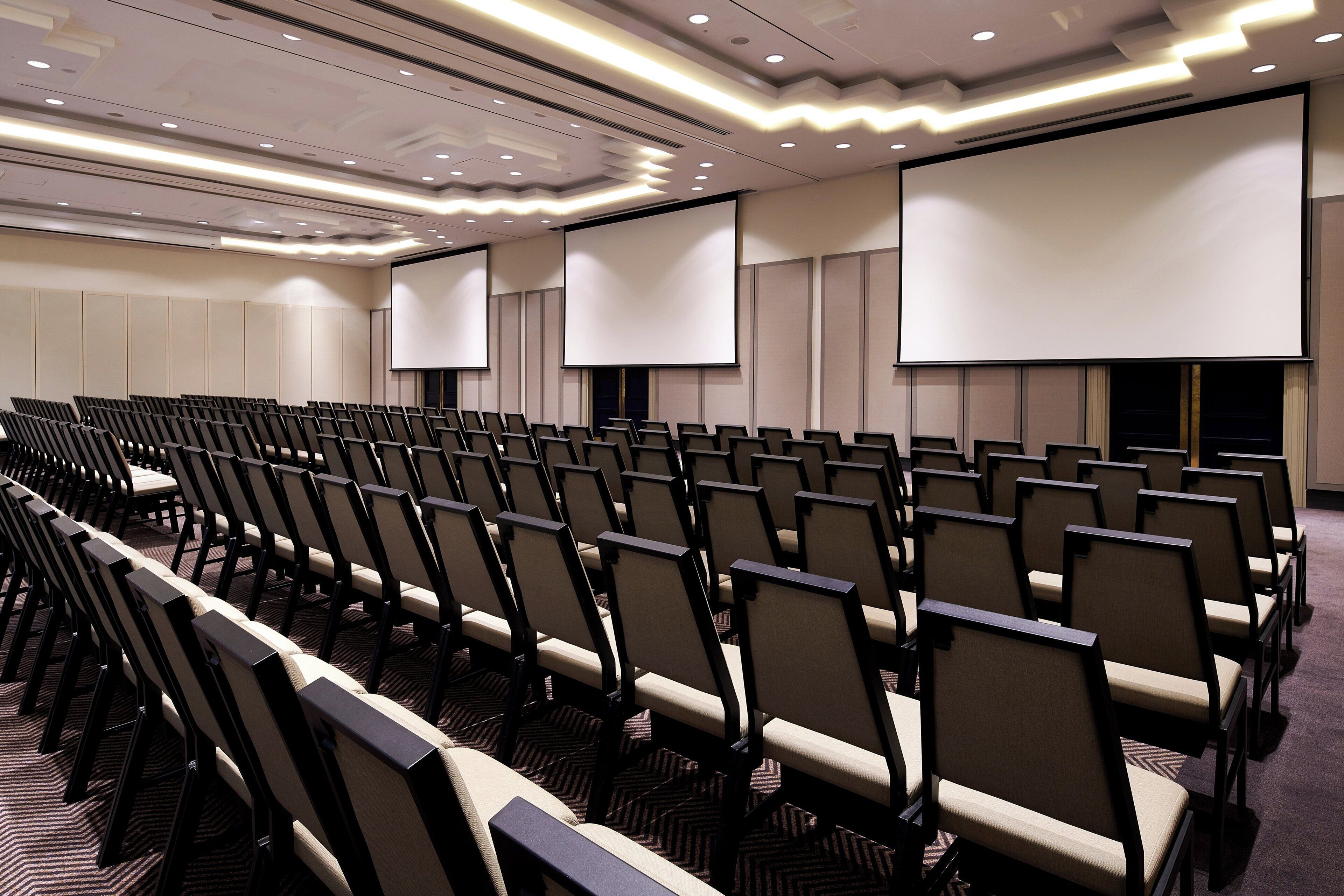 A conference room with rows of chairs, a large screen, and a carpeted floor.