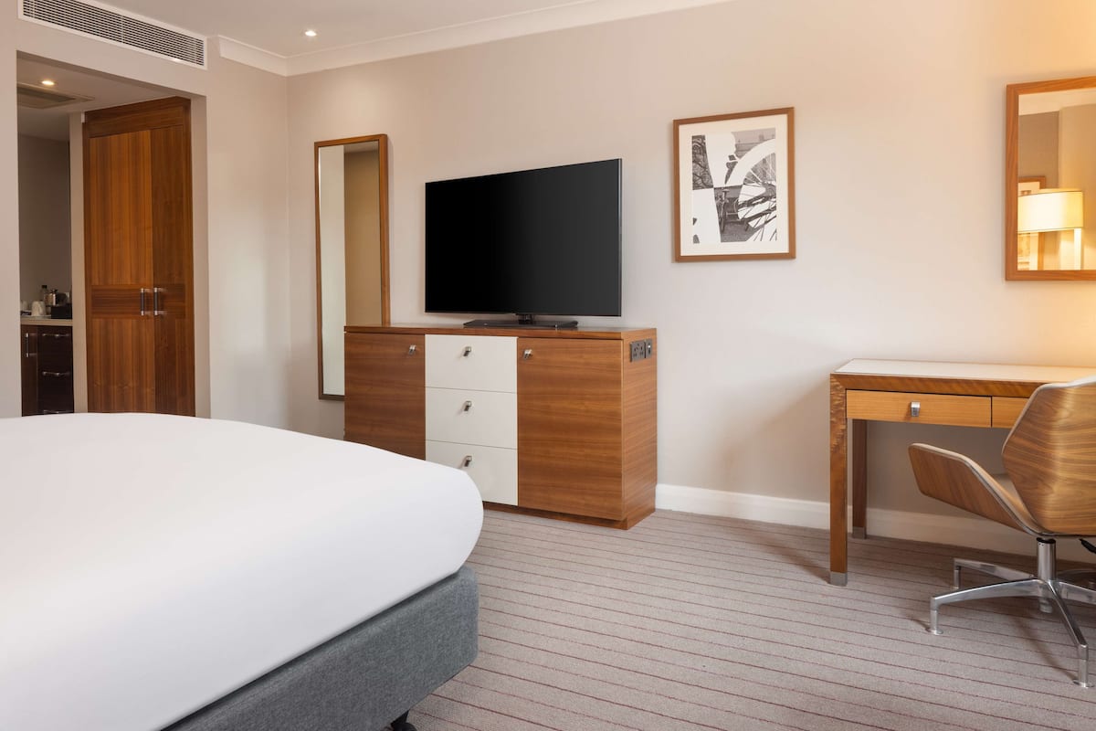 Una habitación de hotel con cama, escritorio, silla, televisor y armario.