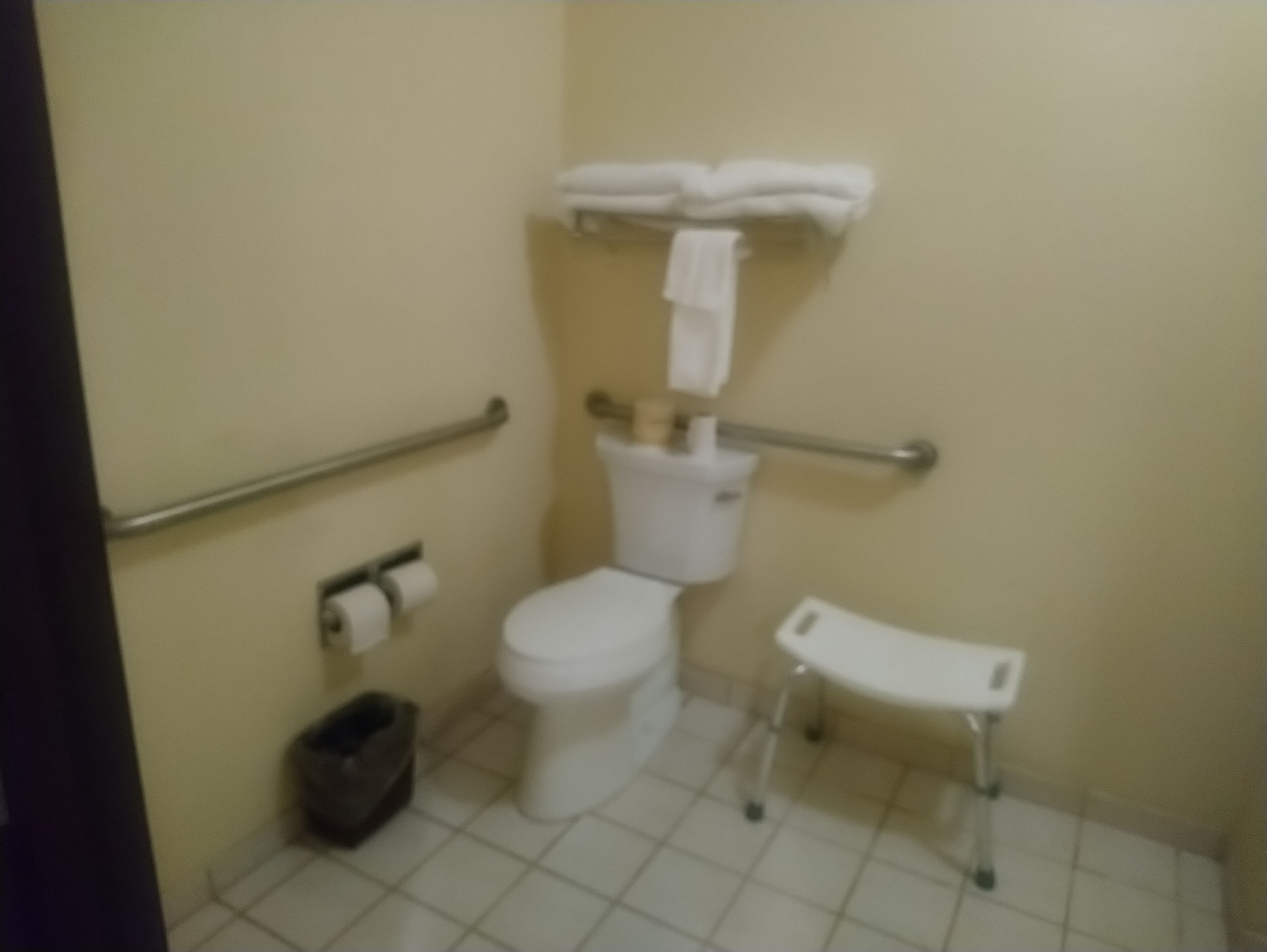 A small bathroom with a toilet, a handrail, a trash bin, and a small bench.