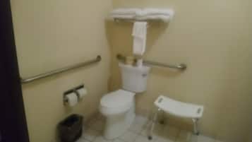 Un baño pequeño con inodoro, barandilla, cubo de basura y un pequeño banco.
