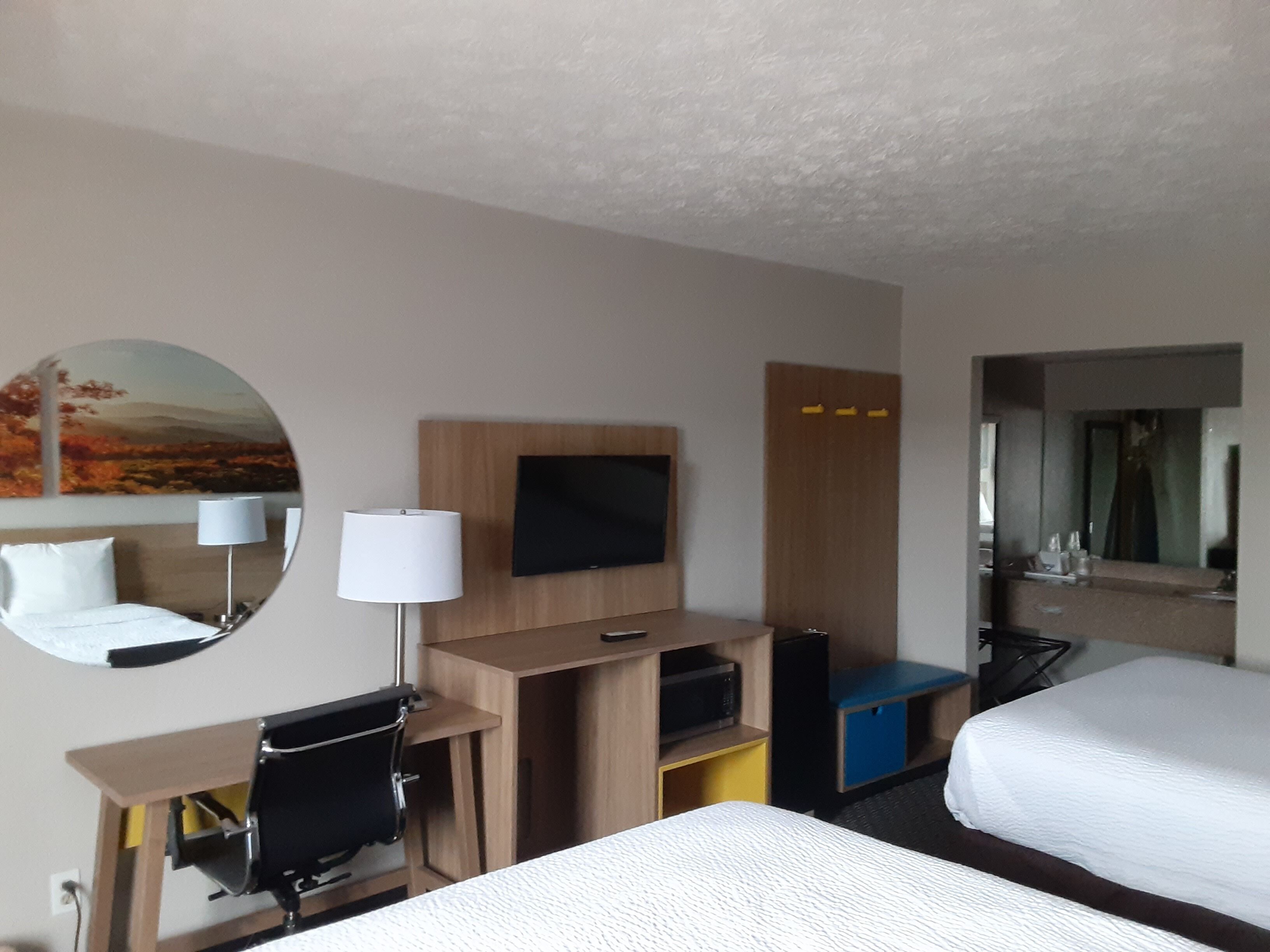 Habitación de hotel con cama, escritorio, silla, televisor, espejo y armario.