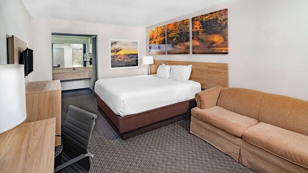 Habitación de hotel con cama, sofá, escritorio y silla. Hay tres cuadros en la pared.