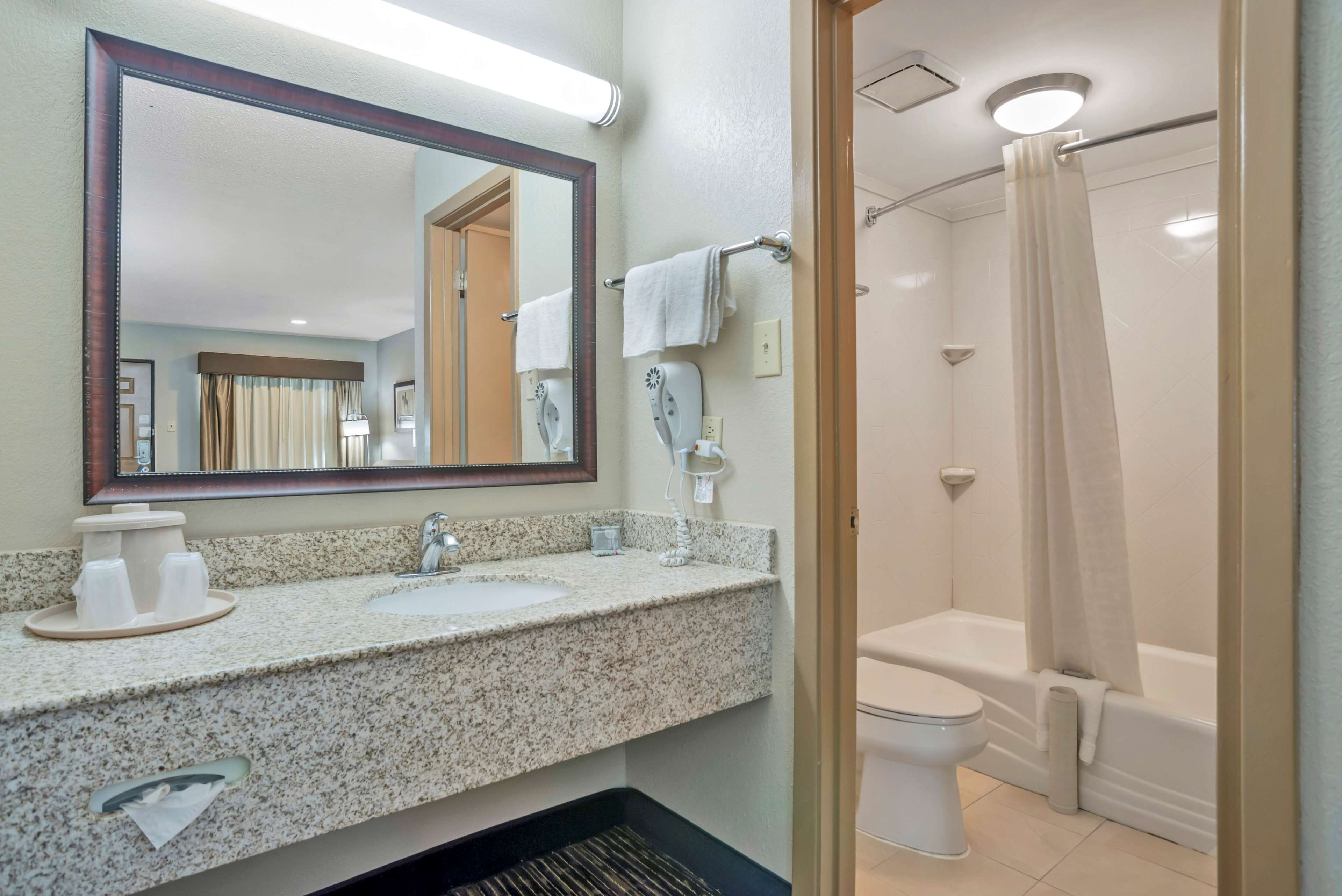 combined shower/bathtub, free toiletries, hair dryer, towels