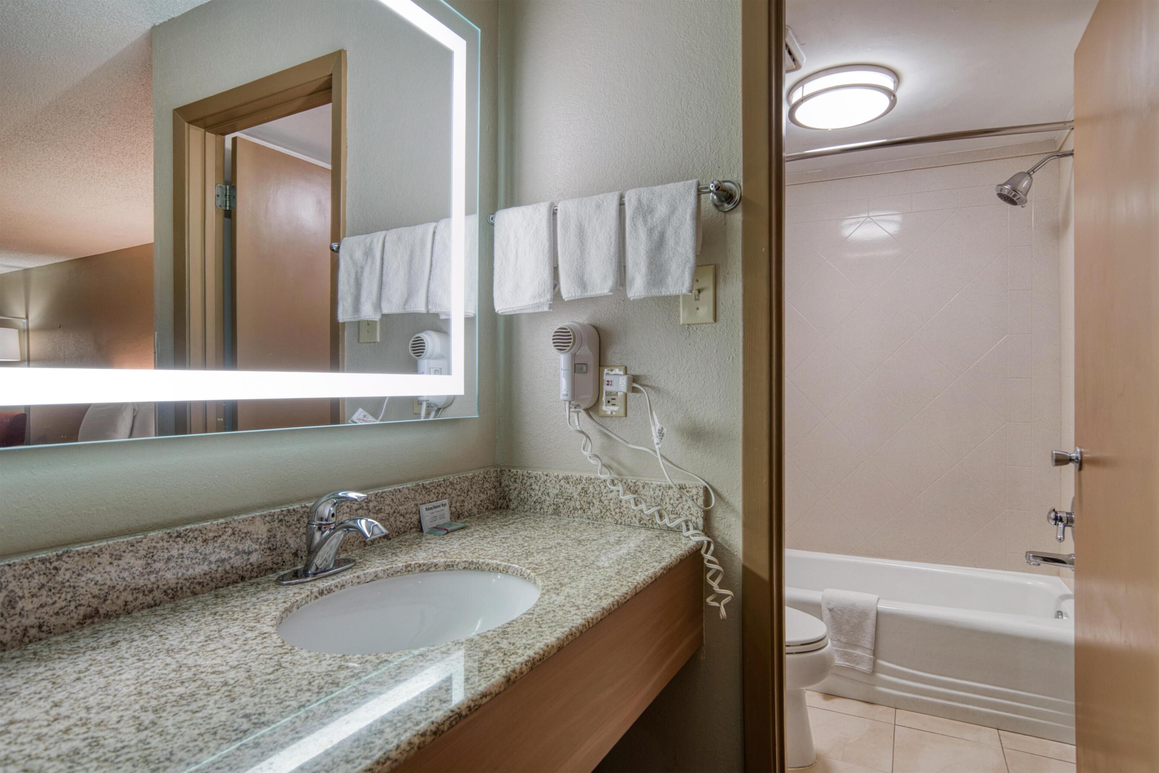 Combined shower/tub, free toiletries, hair dryer, towels