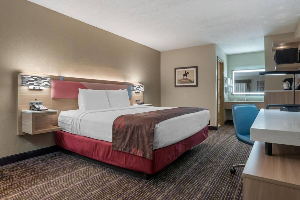 A hotel room with a bed, bedside table, lamp, chair, desk, and a mirror.