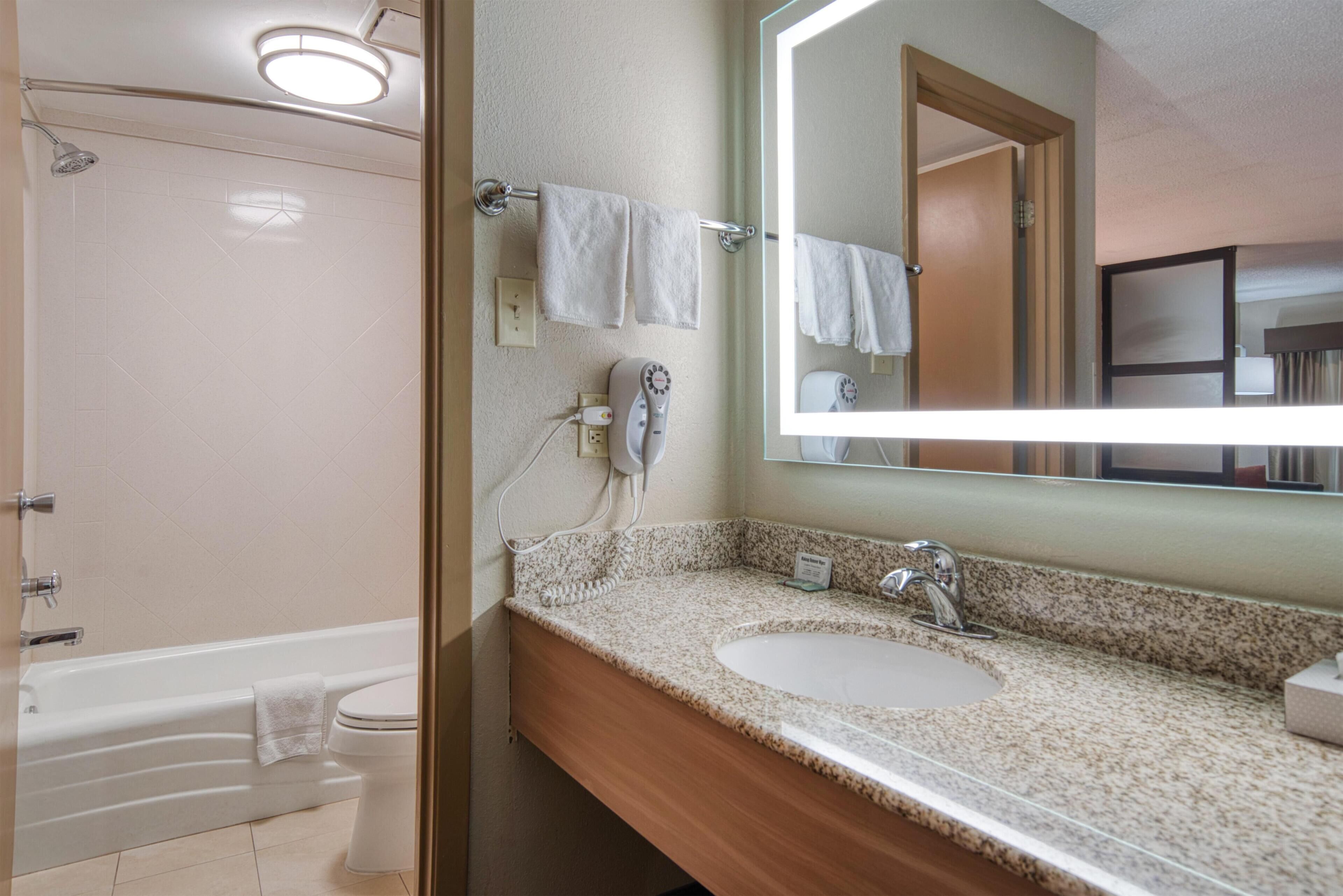 A bathroom with a bathtub, toilet, sink, and a large mirror.