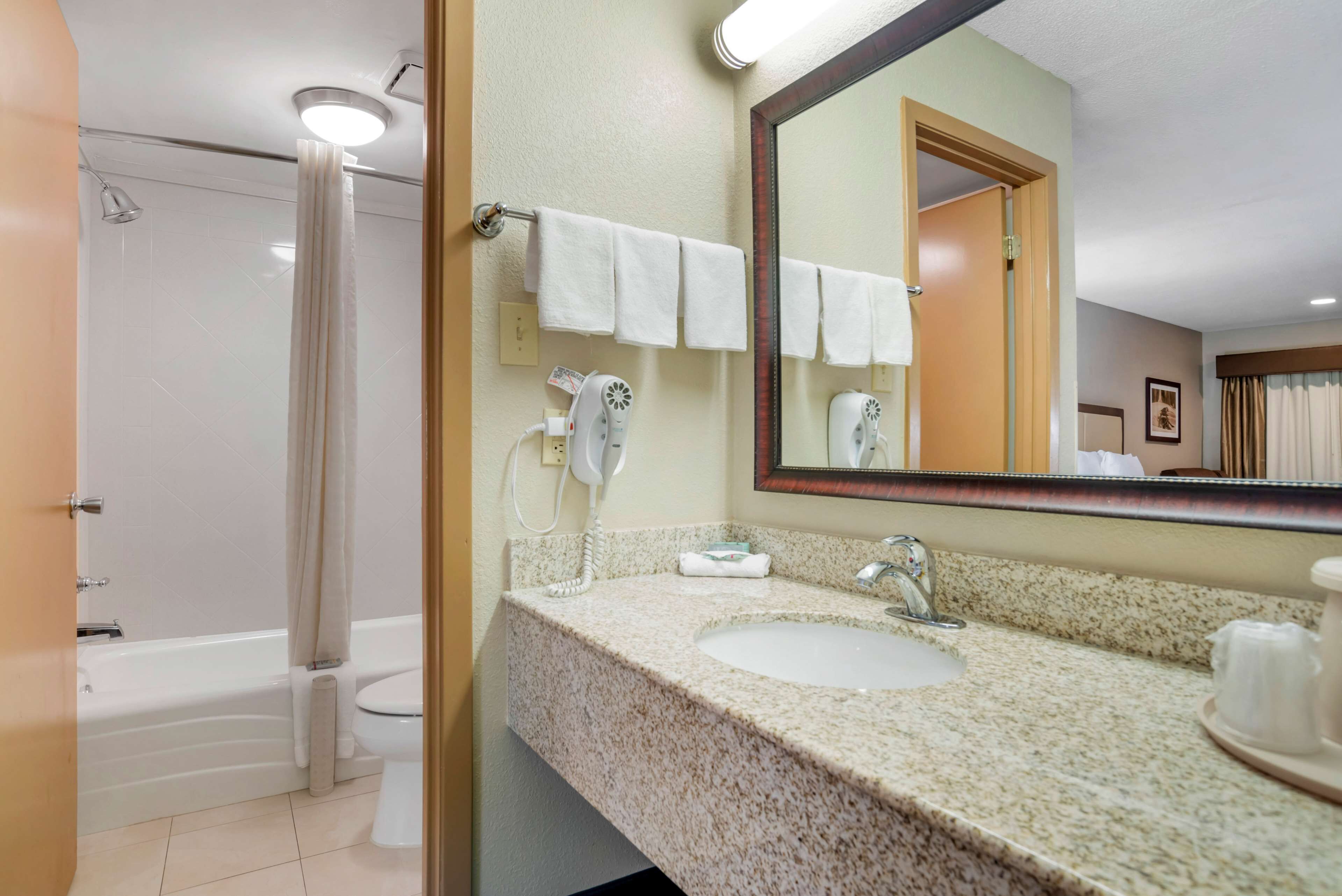 combined shower/bathtub, free toiletries, hair dryer, towels