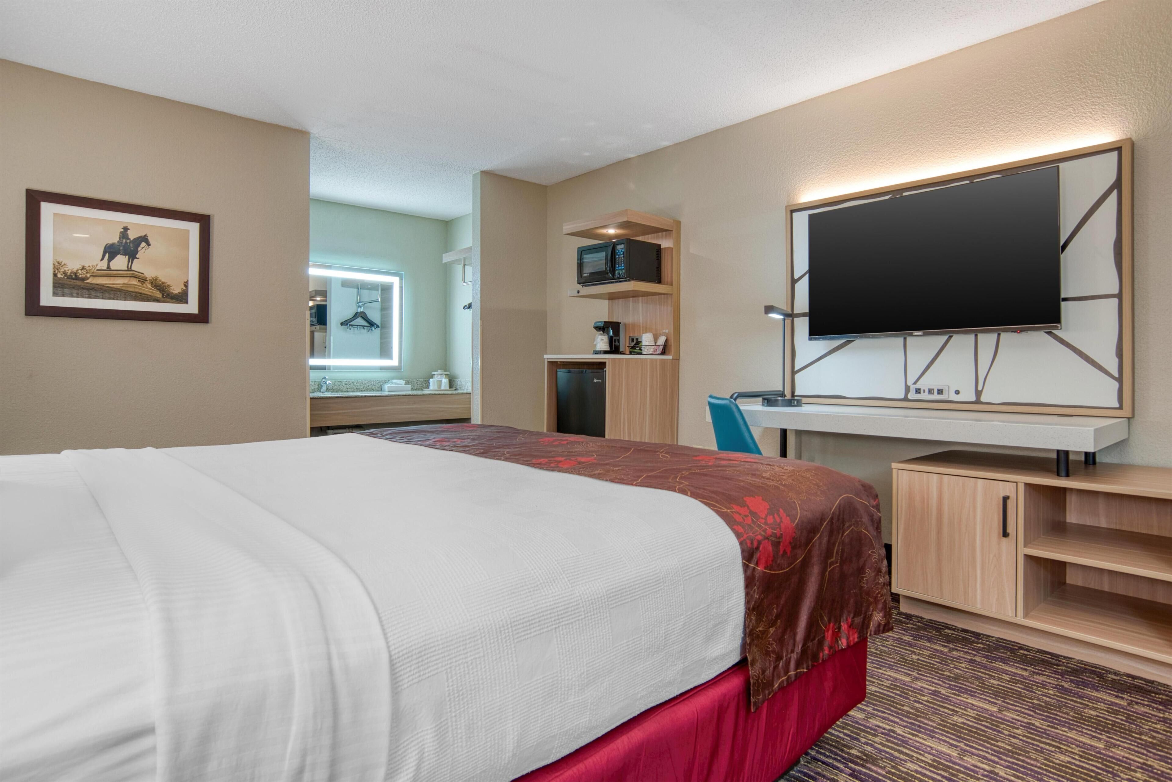 Una camera d'albergo con un letto, una televisione, una scrivania, un forno a microonde e un armadio.
