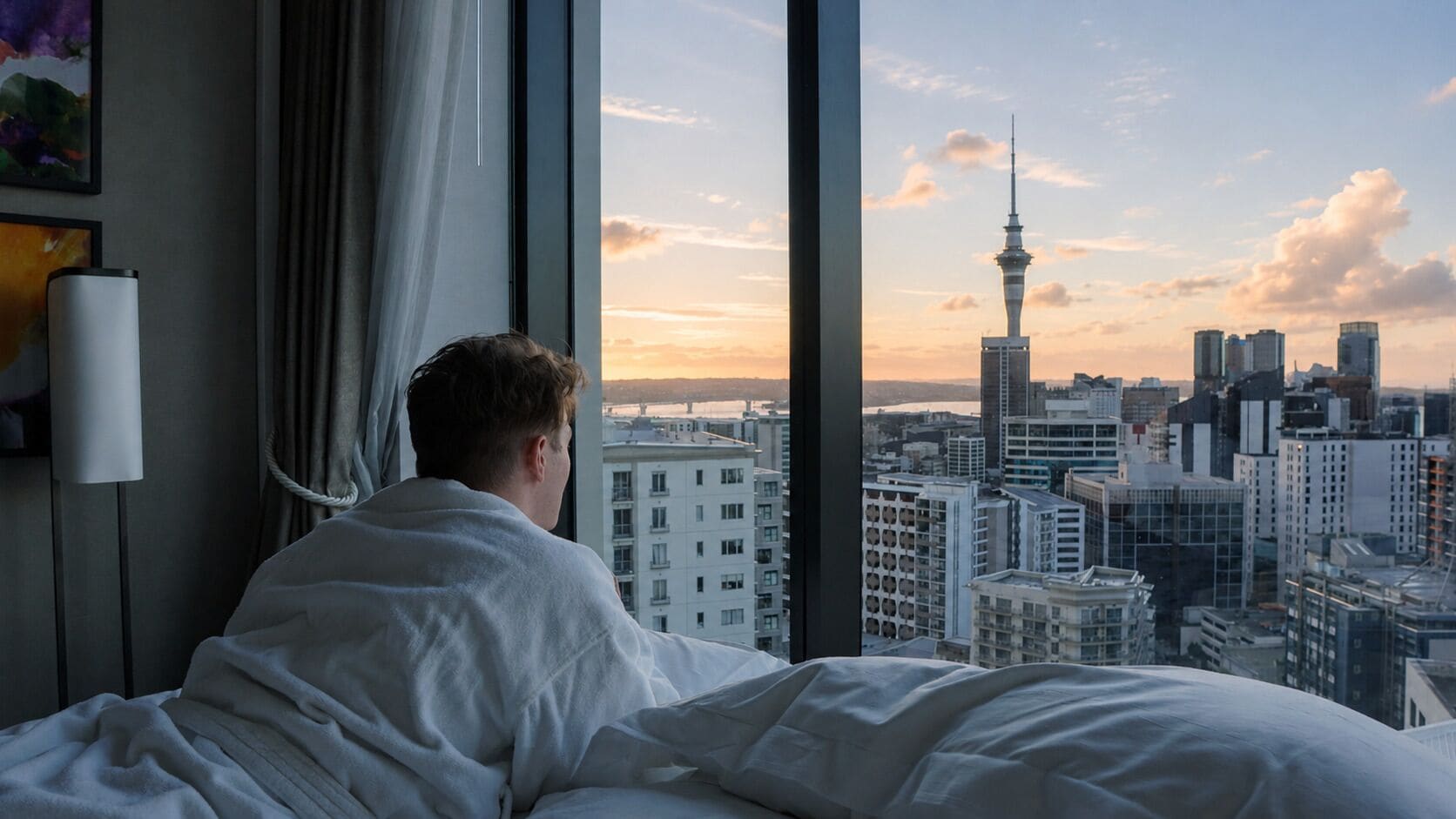 A person in a white robe sitting on a bed with a cityscape view, including a prominent tower, through a large window.