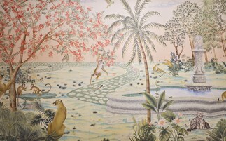 Un mural con una variedad de animales y plantas, incluyendo un mono, un gato y un pájaro.