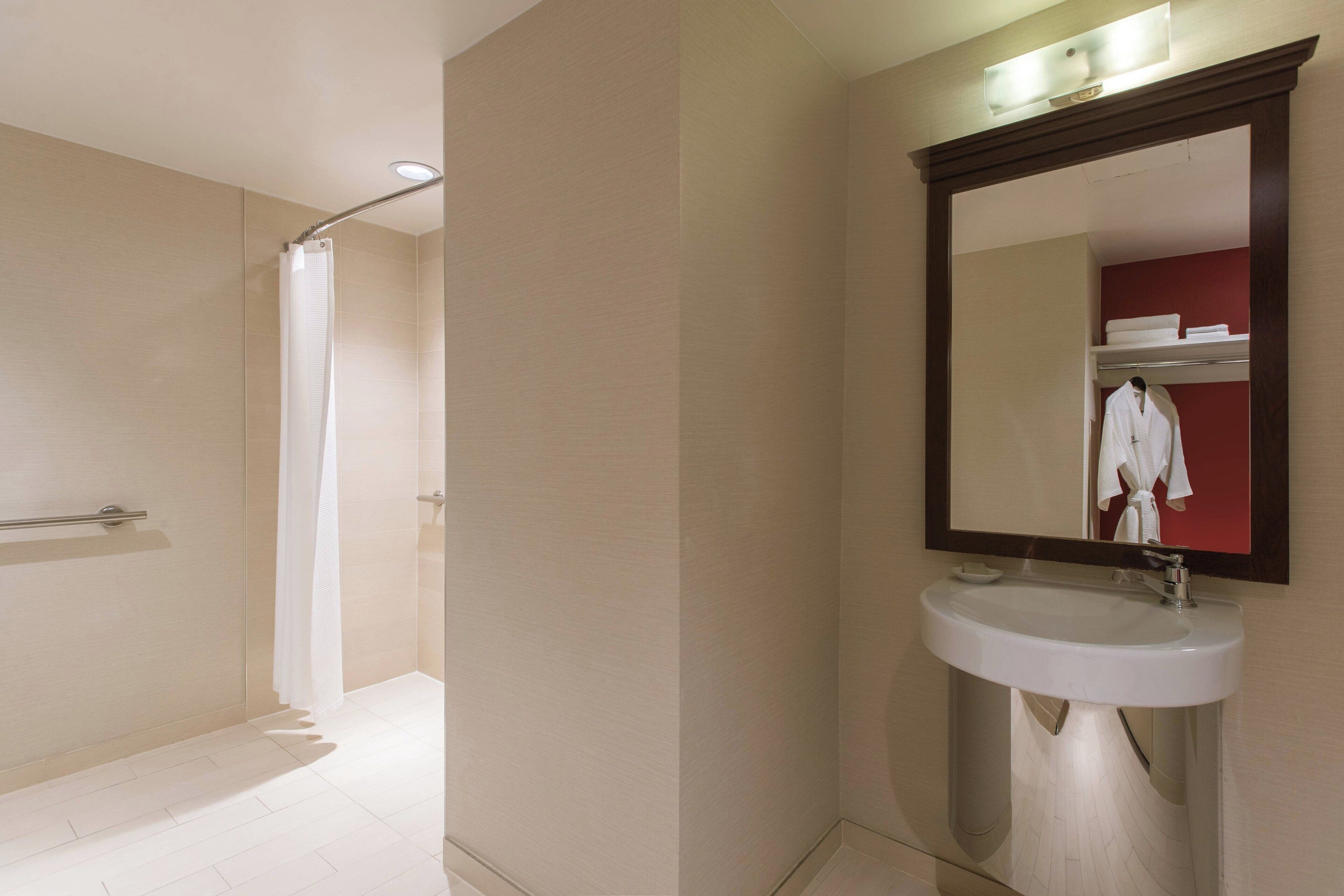A modern bathroom with a shower, a sink, and a mirror.