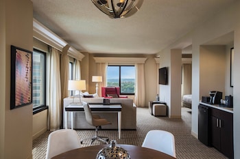 Premium bedding, pillowtop beds, desk, laptop workspace at Renaissance Austin Hotel