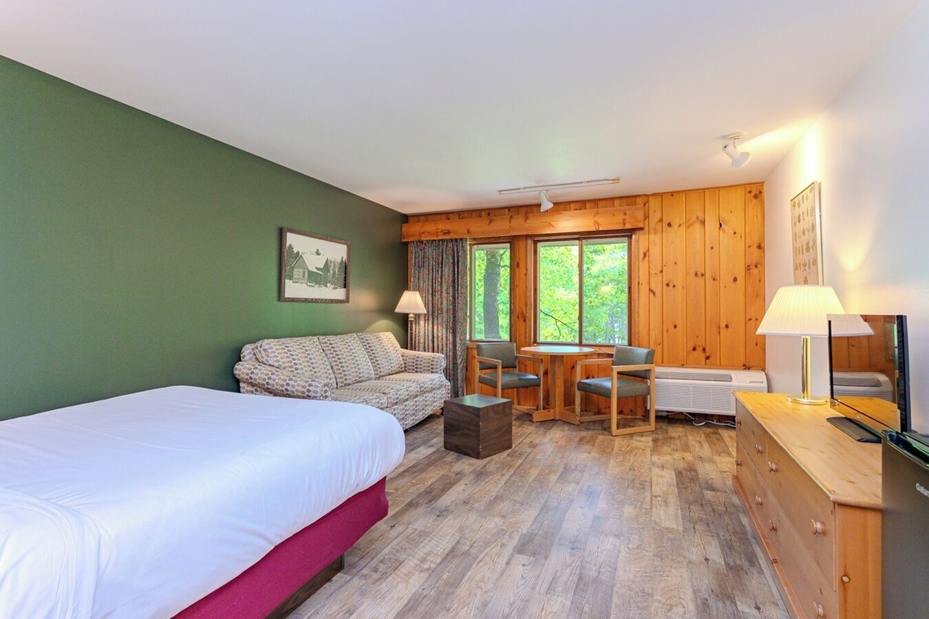 Une chambre à coucher comprenant un lit, un canapé, une petite table avec des chaises, un radiateur et un téléviseur.