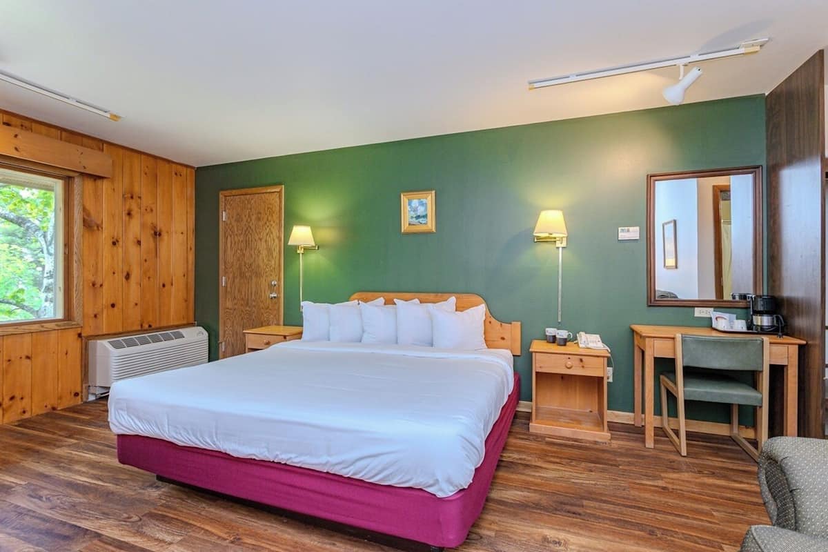 A hotel room with a large bed, wooden walls, a desk with a chair, a mirror, and a window with a view of trees.