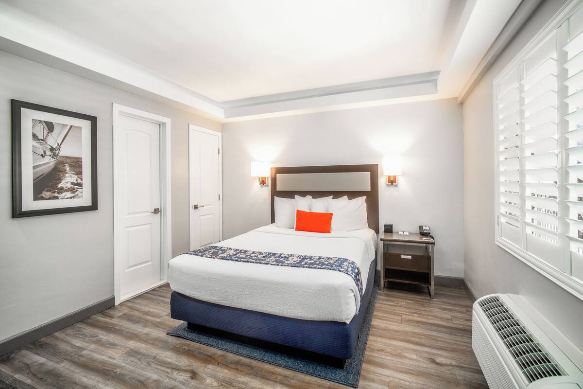 A hotel room with a large bed, a bedside table, a nightstand, a wall-mounted heater, and a framed picture on the wall.