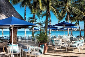 On the beach, sun-loungers, beach umbrellas, beach towels
