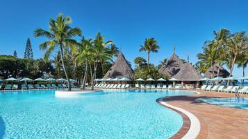 Outdoor pool, pool umbrellas, pool loungers